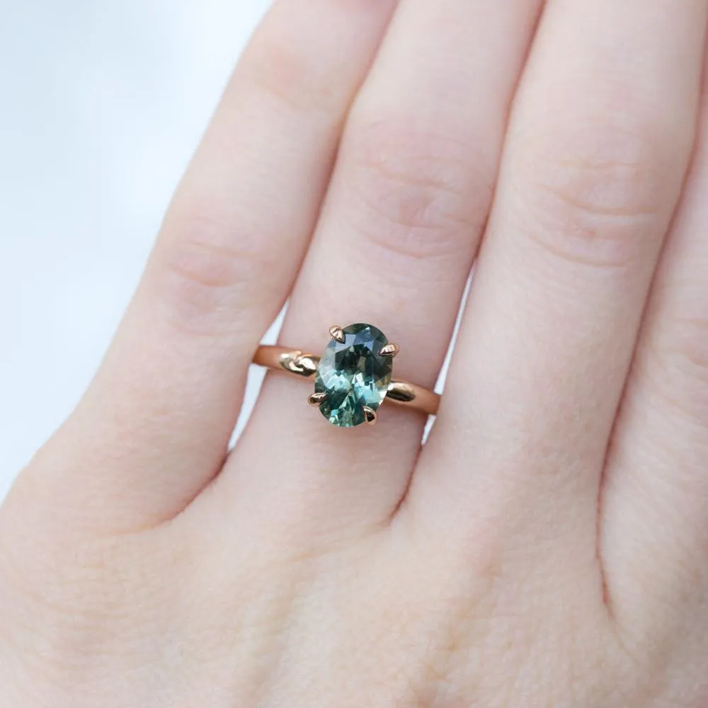 2ct Oval teal green Montana Sapphire Ring in 18k Rose Gold Alluvial Solitaire