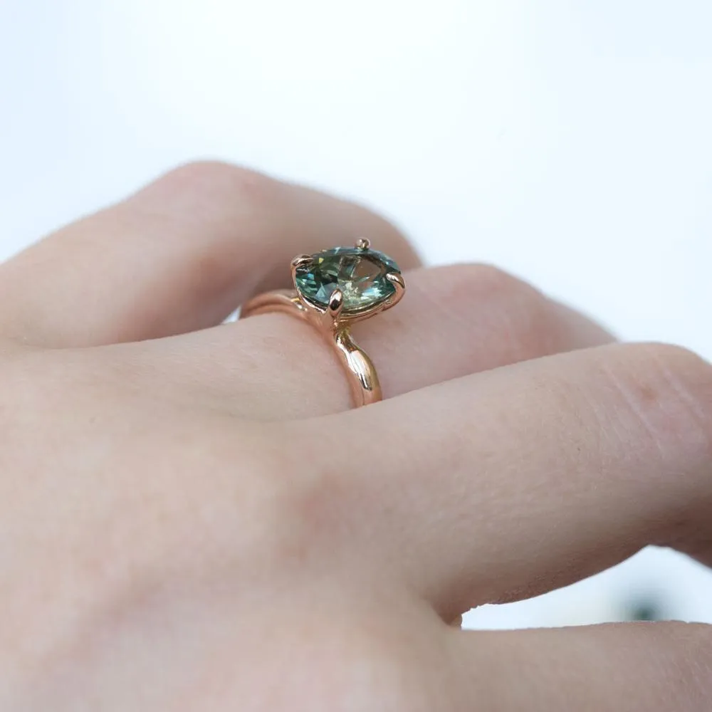 2ct Oval teal green Montana Sapphire Ring in 18k Rose Gold Alluvial Solitaire