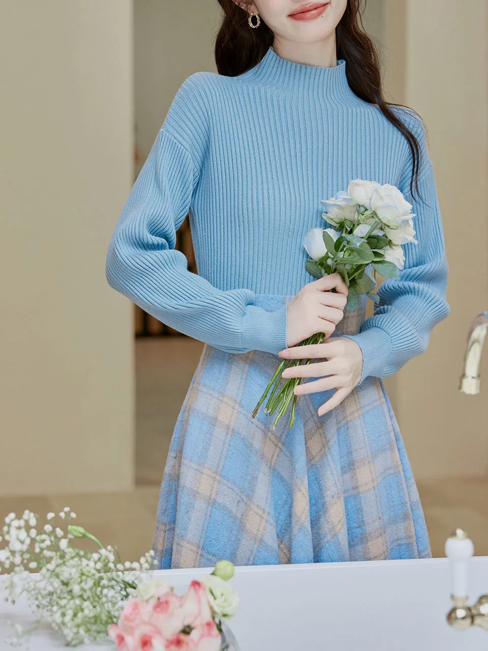 2PS Blue Sweater And Plaid Swing Skirt 1950S Vintage Audrey Hepburn's Style Outfits