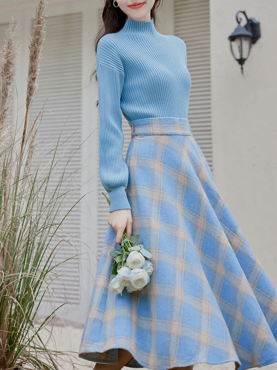 2PS Blue Sweater And Plaid Swing Skirt 1950S Vintage Audrey Hepburn's Style Outfits