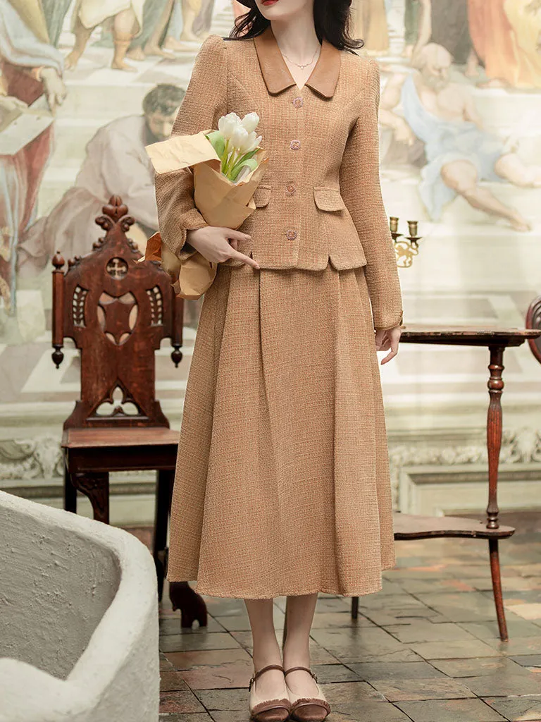 2PS Brown Houndstooth Tweed Coat With Swing Skirt 1950S Vintage Audrey Hepburn's Style Outfits