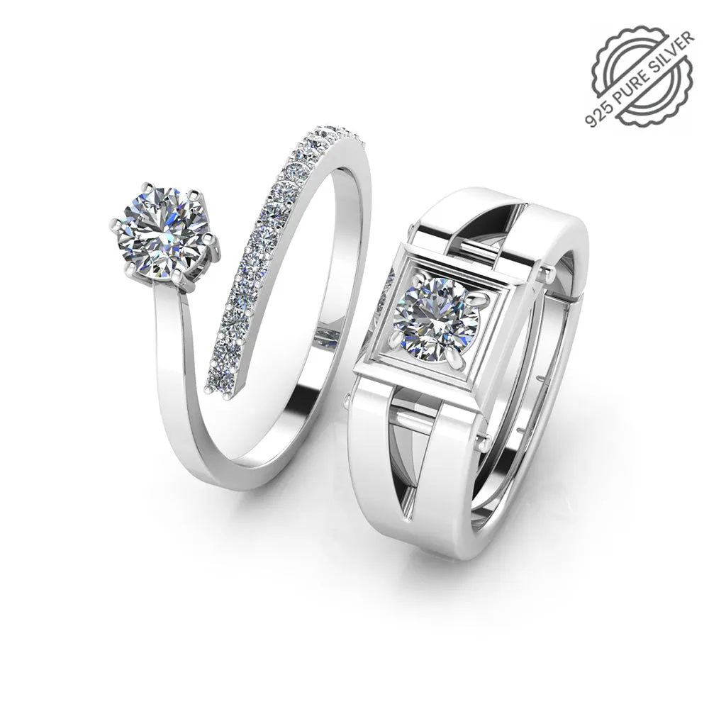 925 Sterling Silver Cubic Zircon Solitaire and Stardom Special Couple's Ring