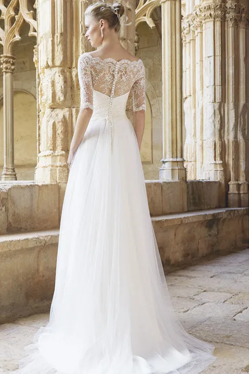 A-Line Floor-Length Half Sleeve Lace Bateau Neck Tulle Wedding Dress-MK_700276