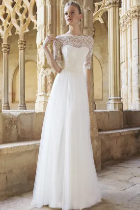 A-Line Floor-Length Half Sleeve Lace Bateau Neck Tulle Wedding Dress-MK_700276