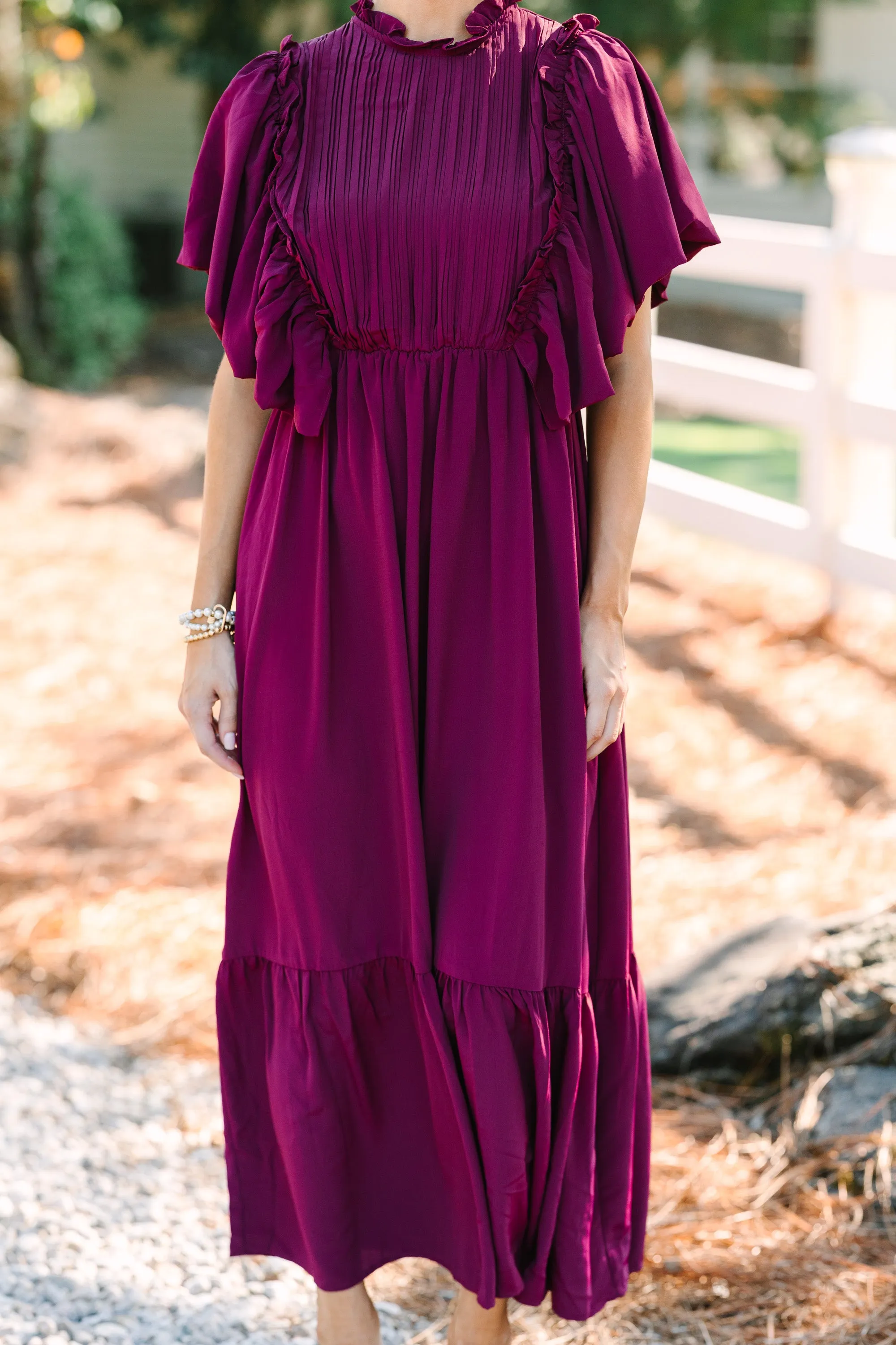 All The Good Burgundy Red Ruffled Midi Dress