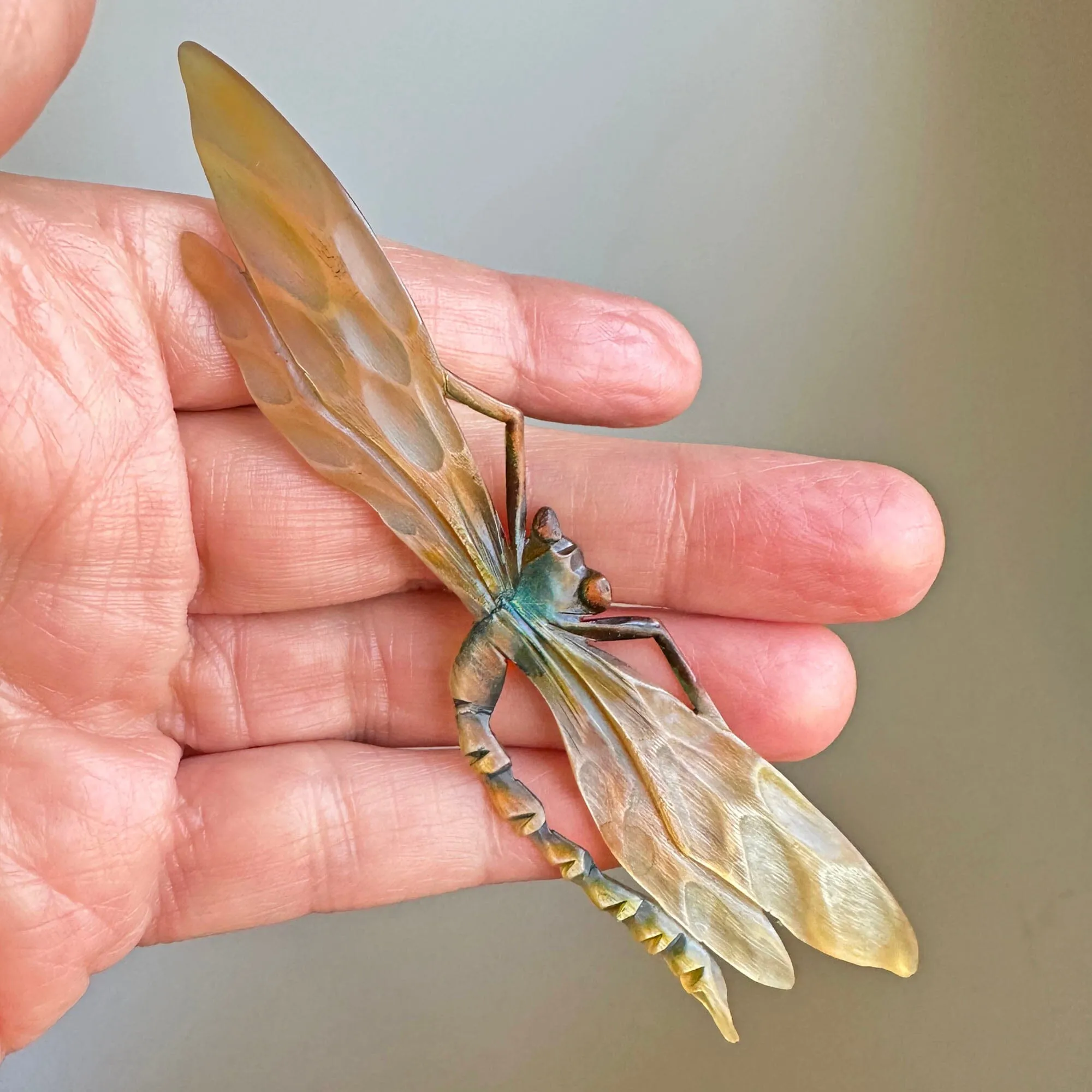 Antique Art Nouveau Carved Horn Dragonfly Brooch