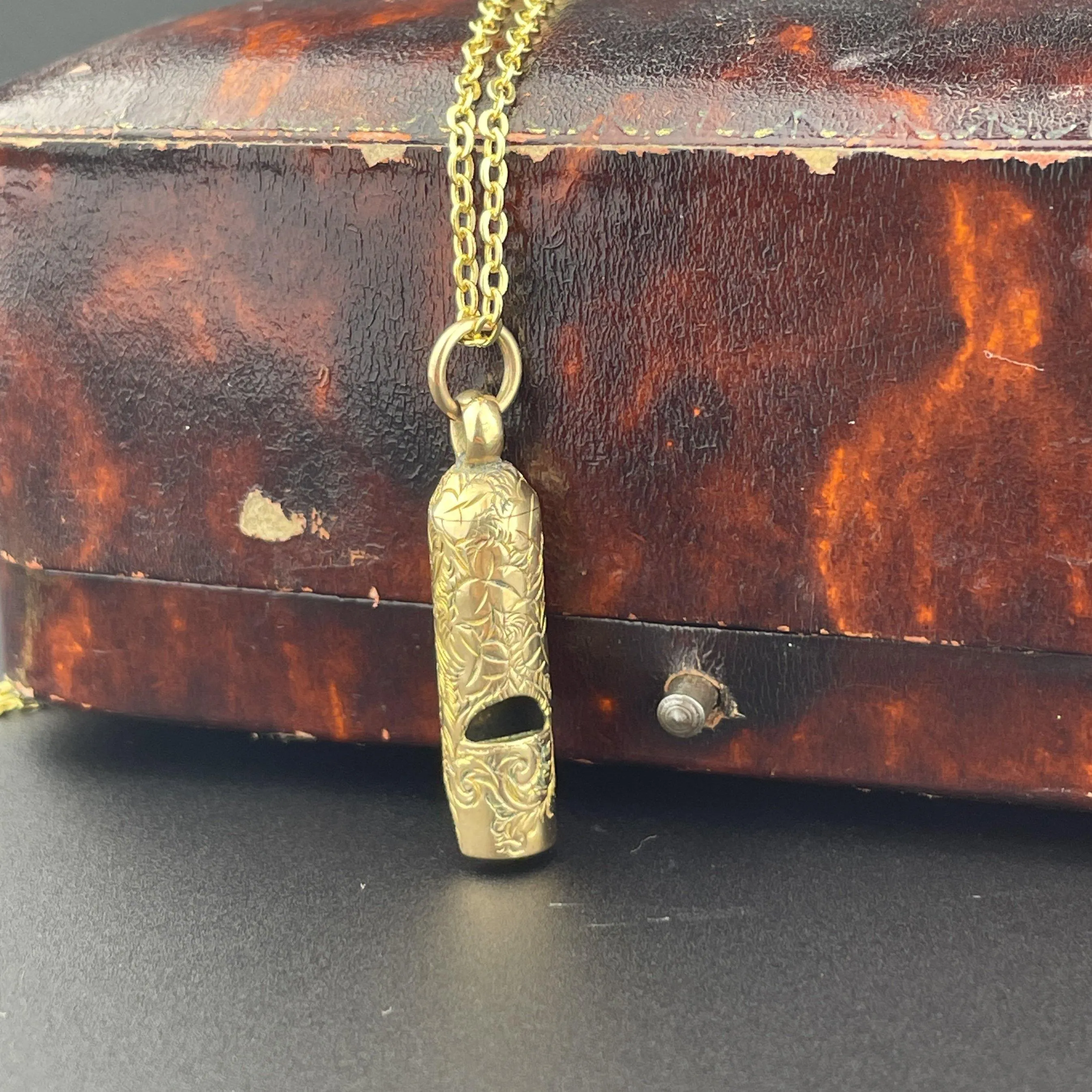 Antique Victorian Gold Engraved Whistle Charm Pendant