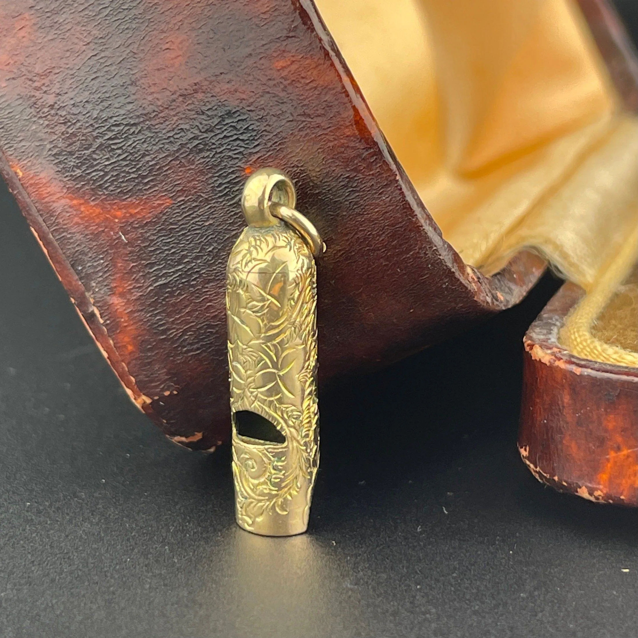 Antique Victorian Gold Engraved Whistle Charm Pendant