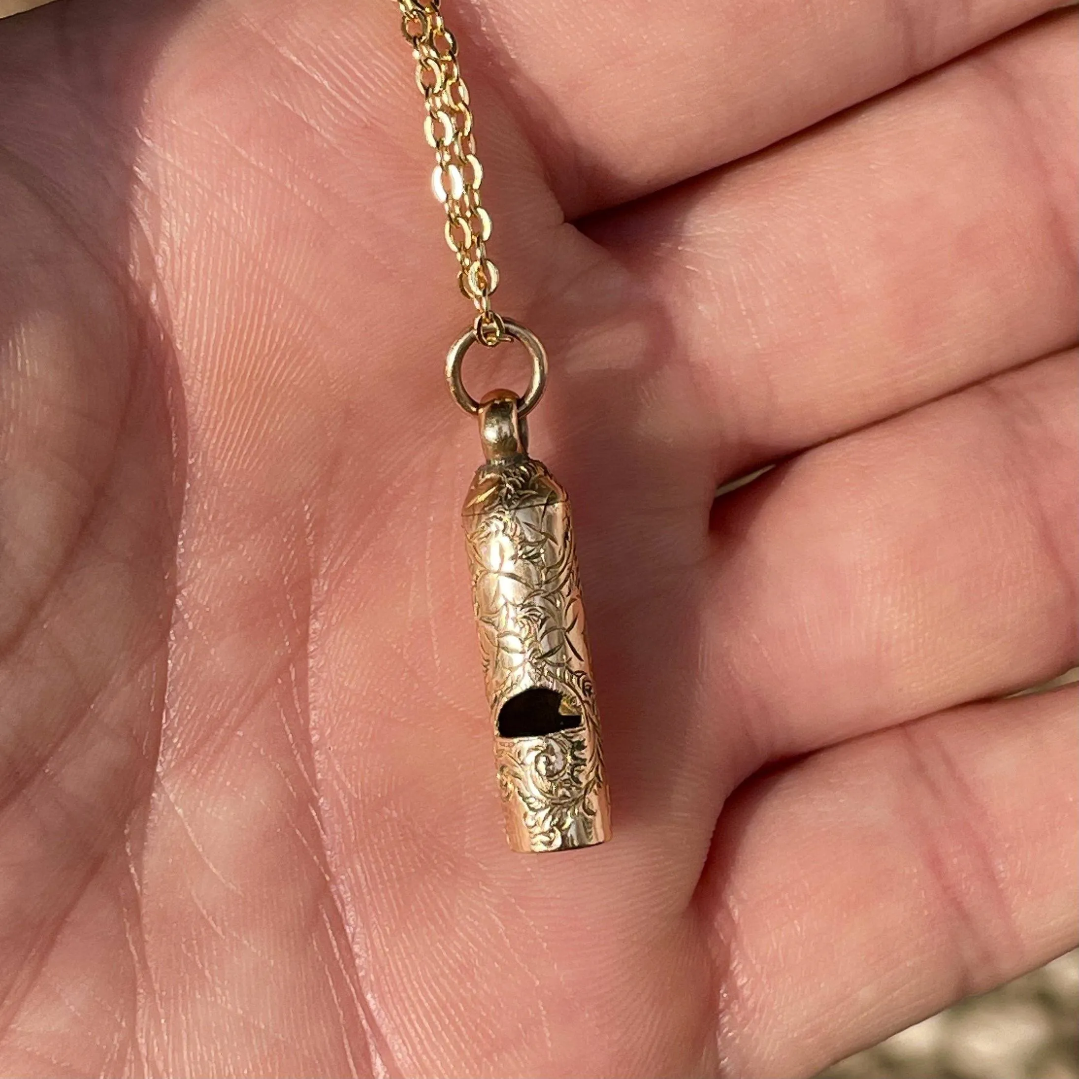 Antique Victorian Gold Engraved Whistle Charm Pendant