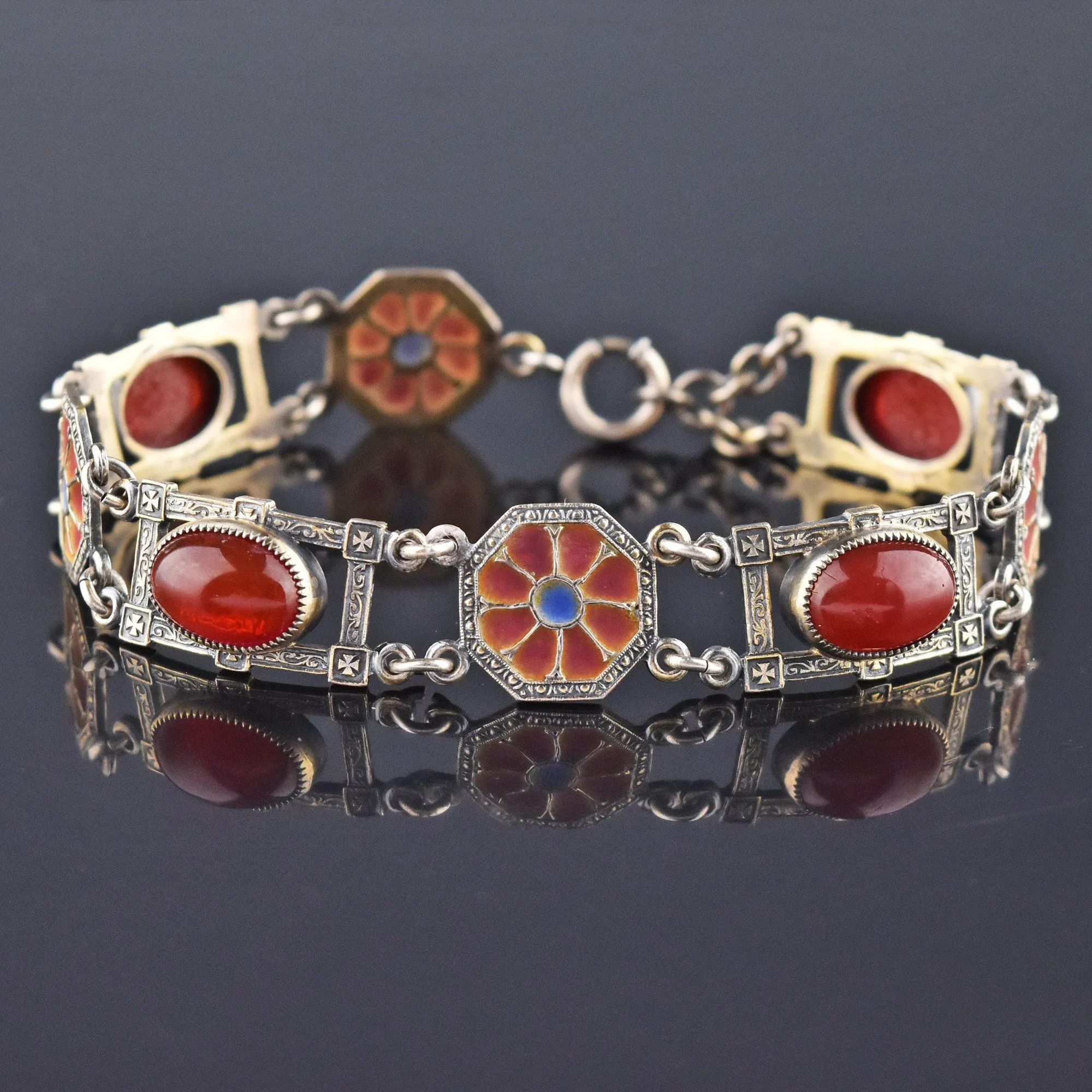 Art Nouveau Plique a Jour Silver Carnelian Bracelet