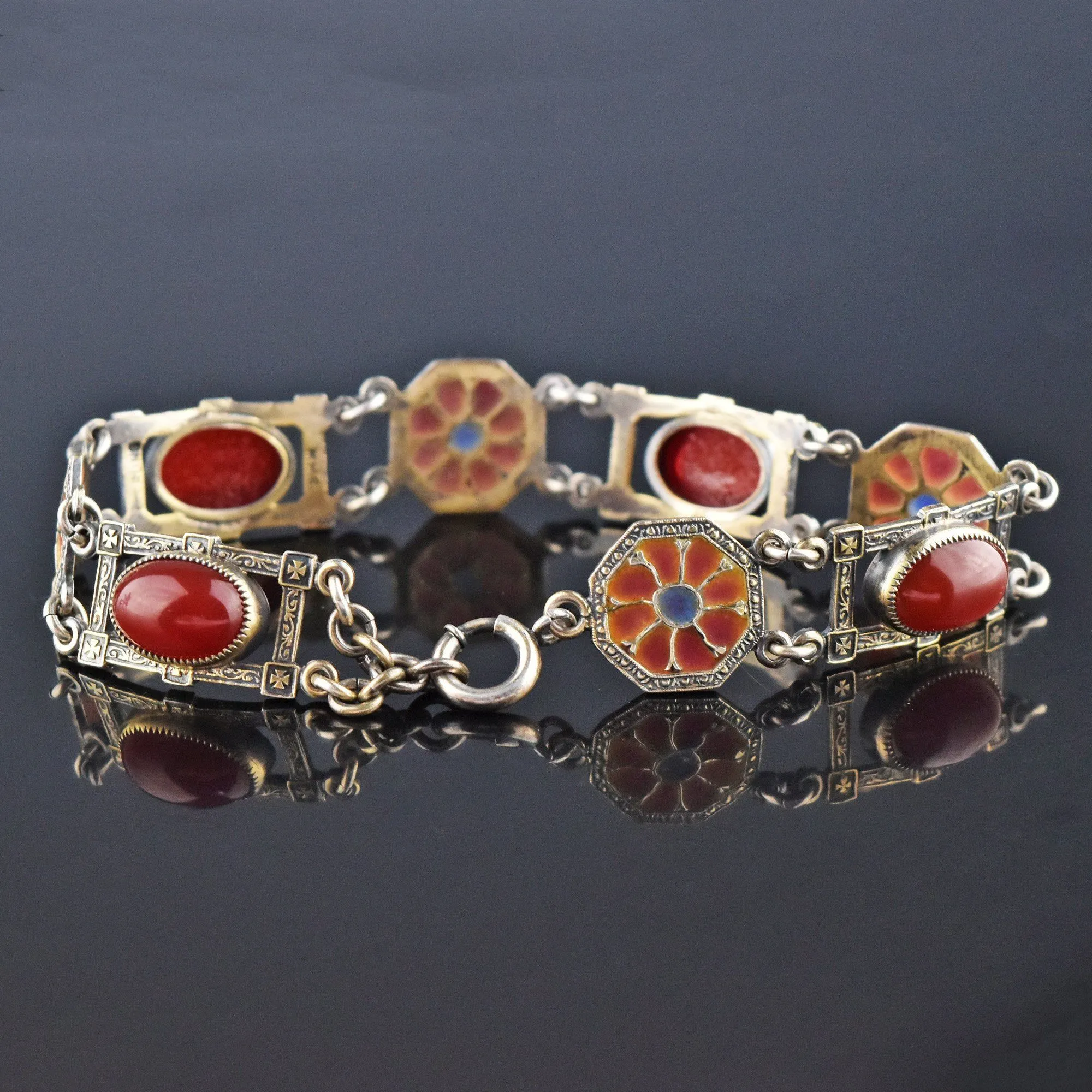 Art Nouveau Plique a Jour Silver Carnelian Bracelet