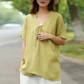 Babakud V-Neck Solid Vintage Linen Belt Front Blouse