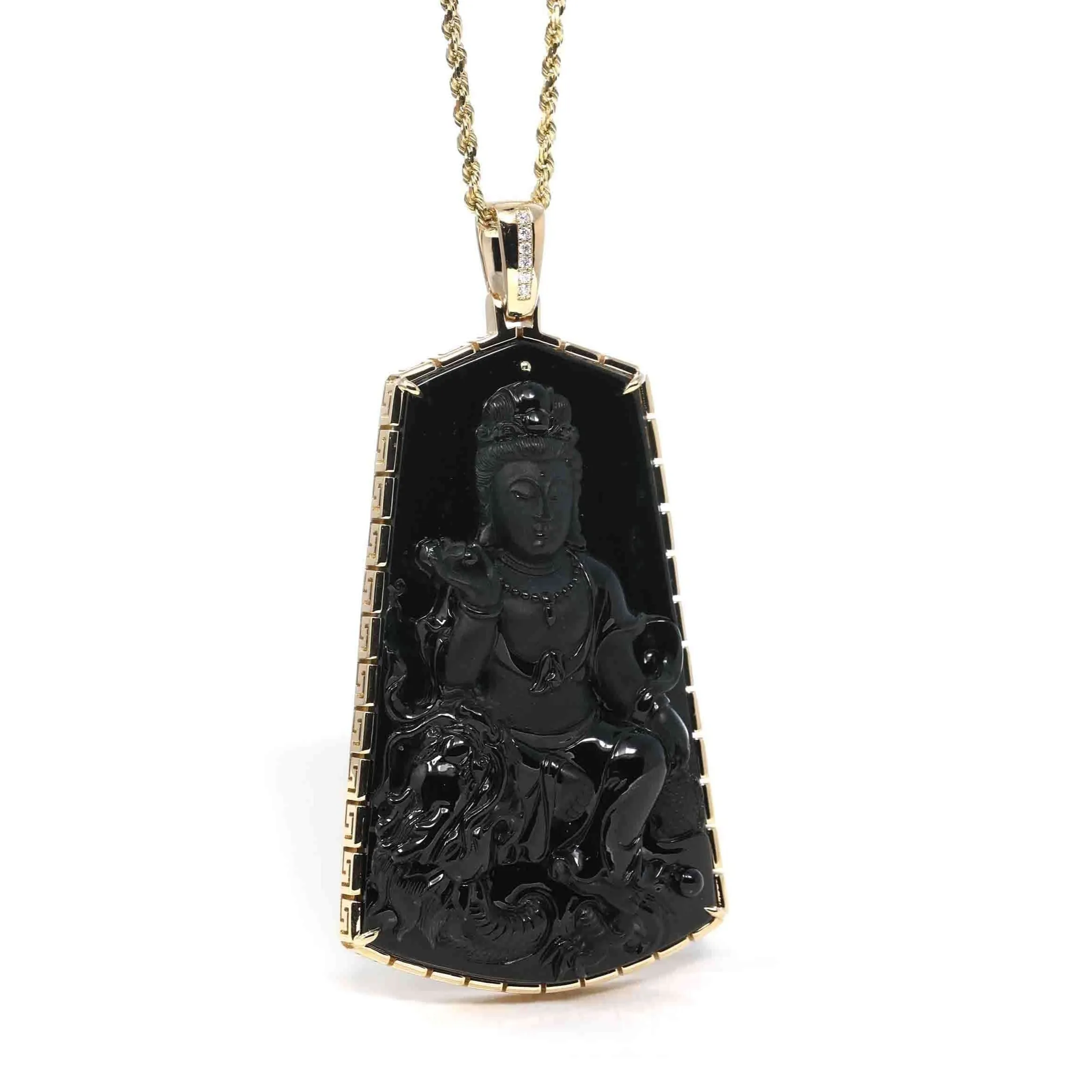 Baikalla 14k Yellow Gold "Goddess of Compassion" Genuine Black Burmese Jadeite Jade Guanyin Necklace With Gold Bail