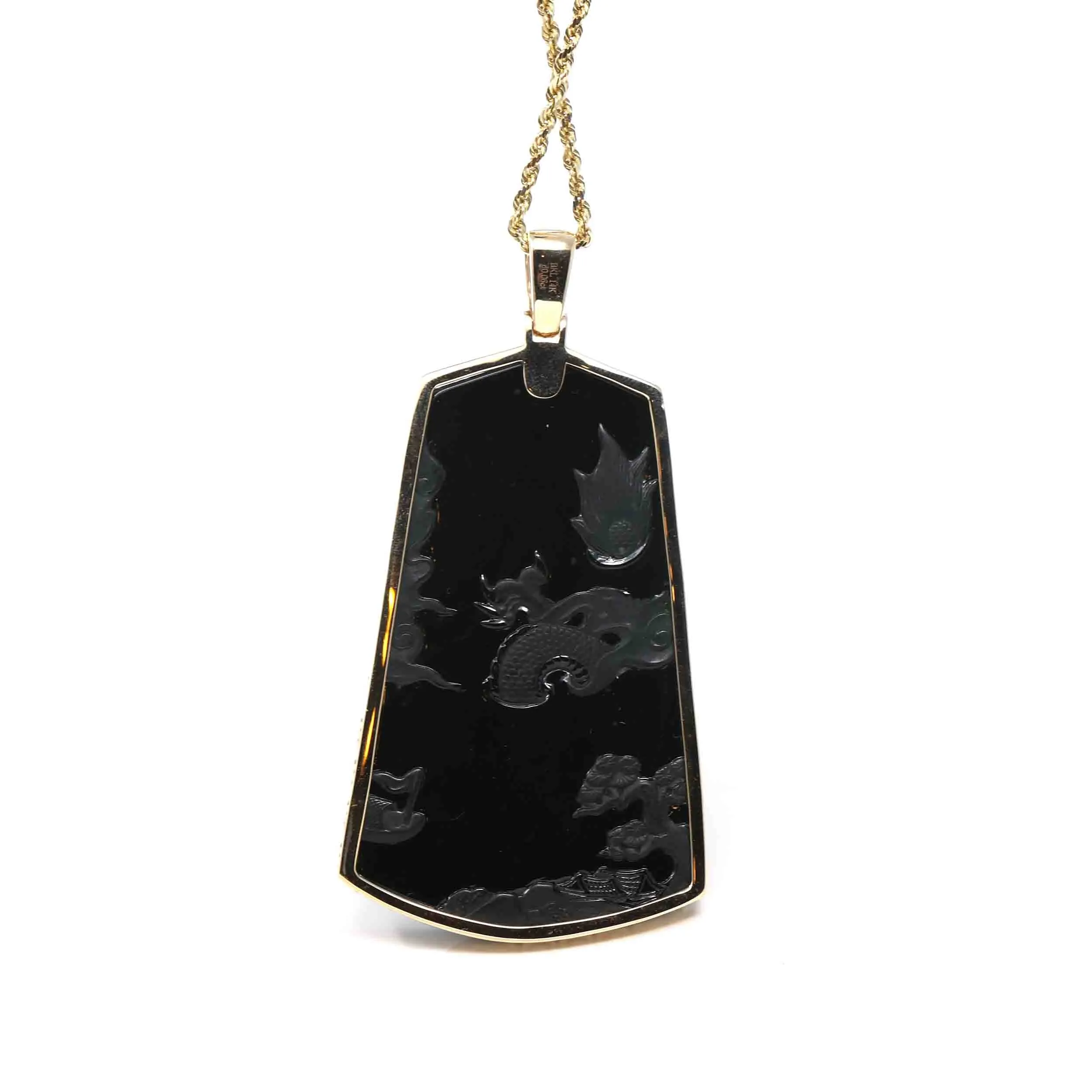 Baikalla 14k Yellow Gold "Goddess of Compassion" Genuine Black Burmese Jadeite Jade Guanyin Necklace With Gold Bail