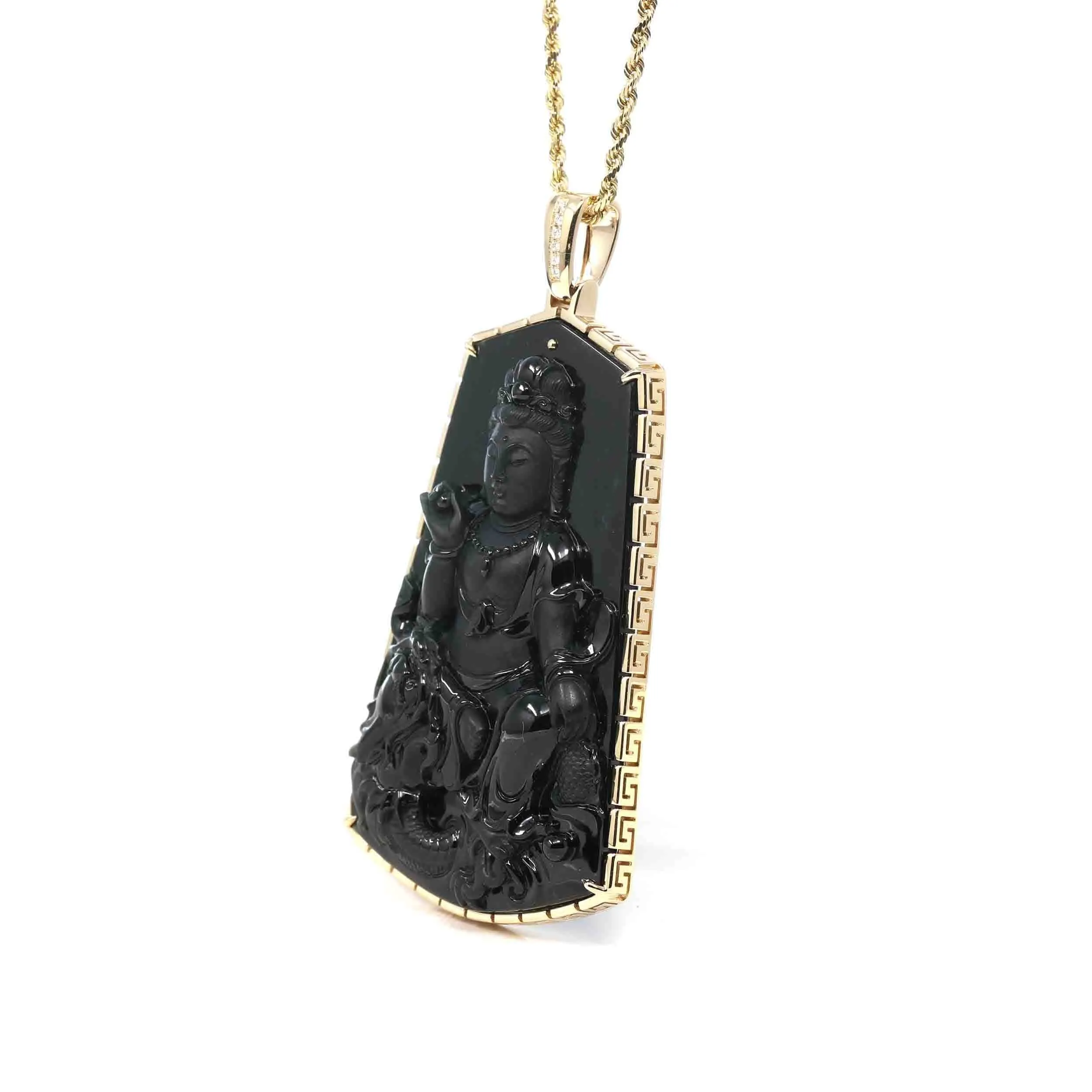 Baikalla 14k Yellow Gold "Goddess of Compassion" Genuine Black Burmese Jadeite Jade Guanyin Necklace With Gold Bail