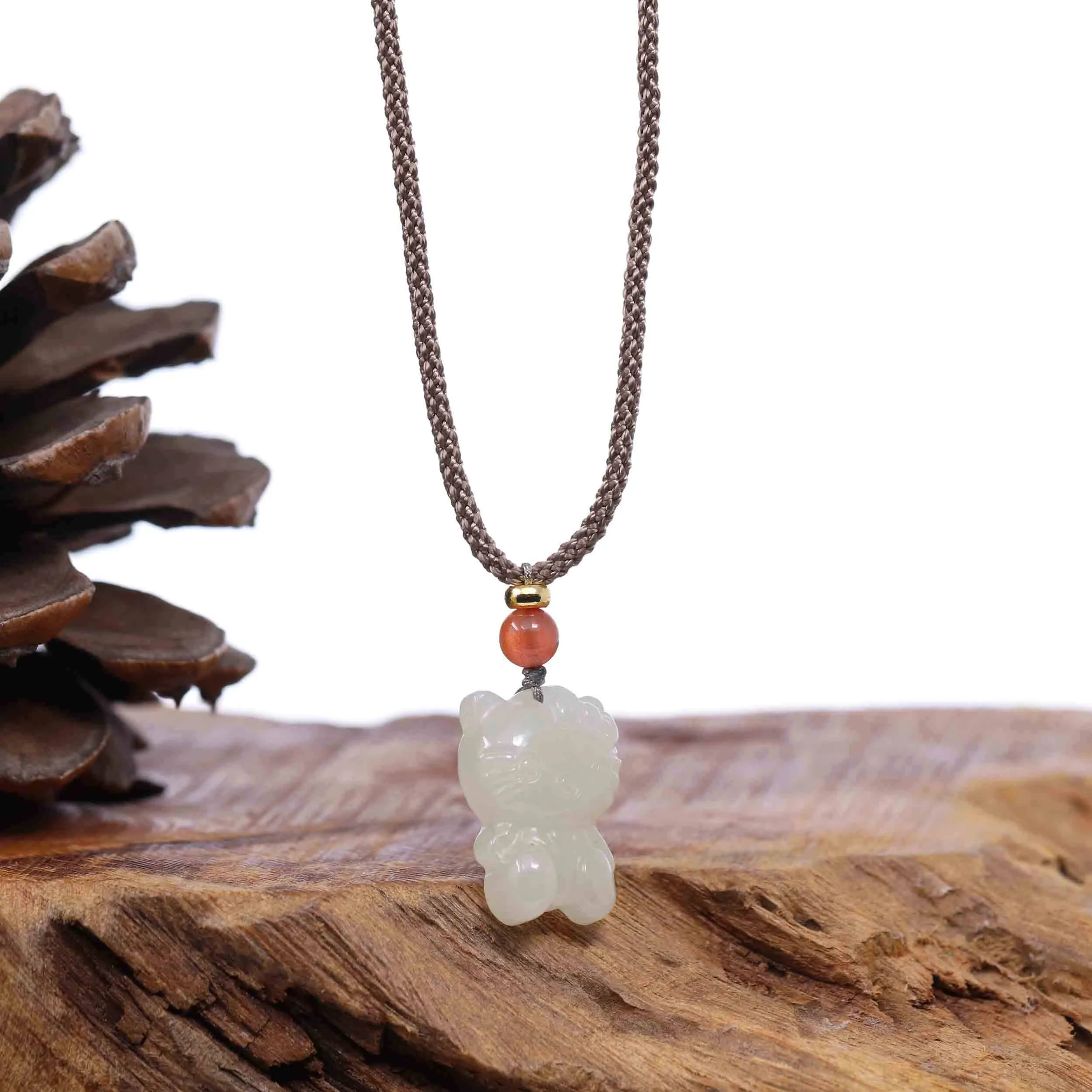 Baikalla "Lucky Kitten" White Nephrite Jade Pendant Necklace