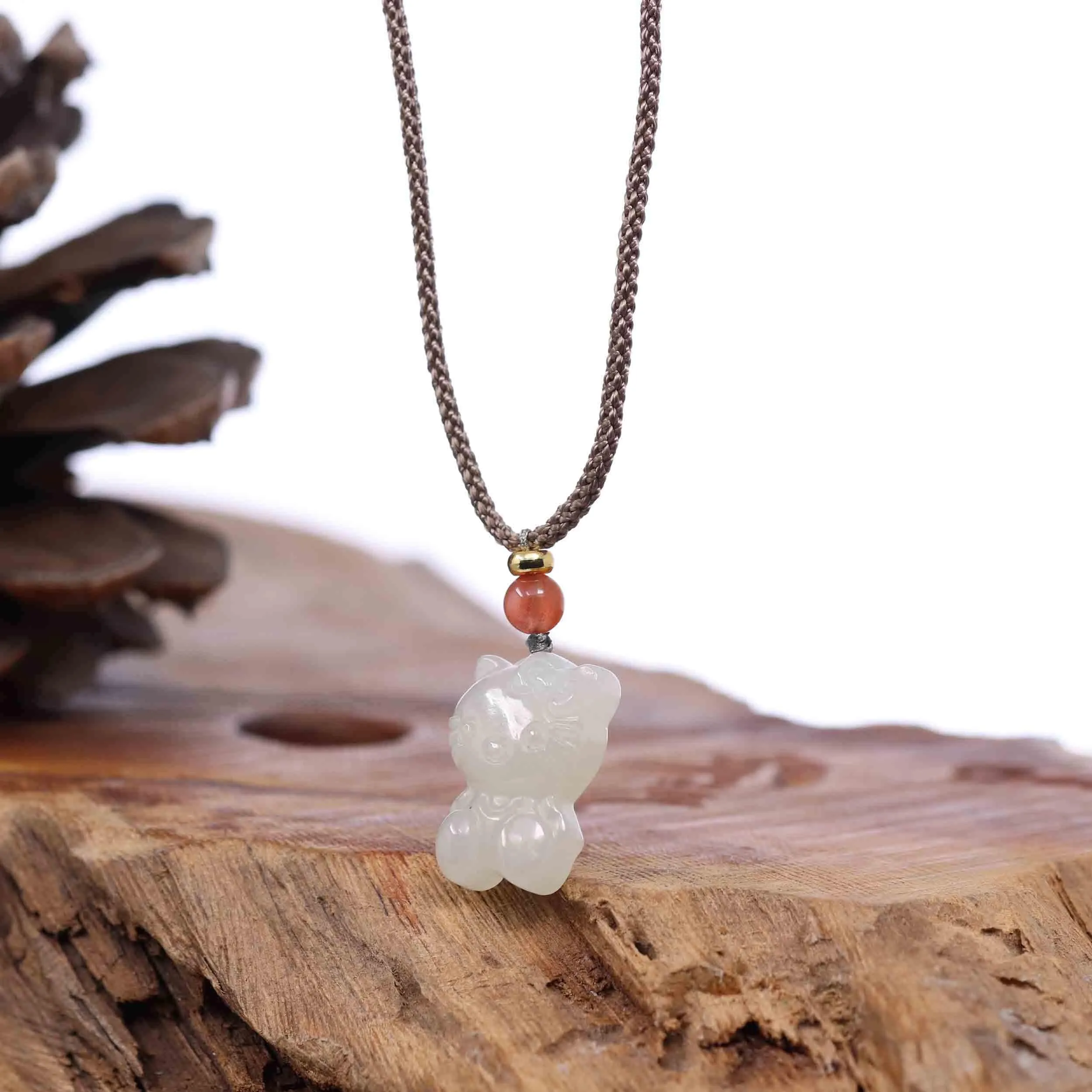 Baikalla "Lucky Kitten" White Nephrite Jade Pendant Necklace