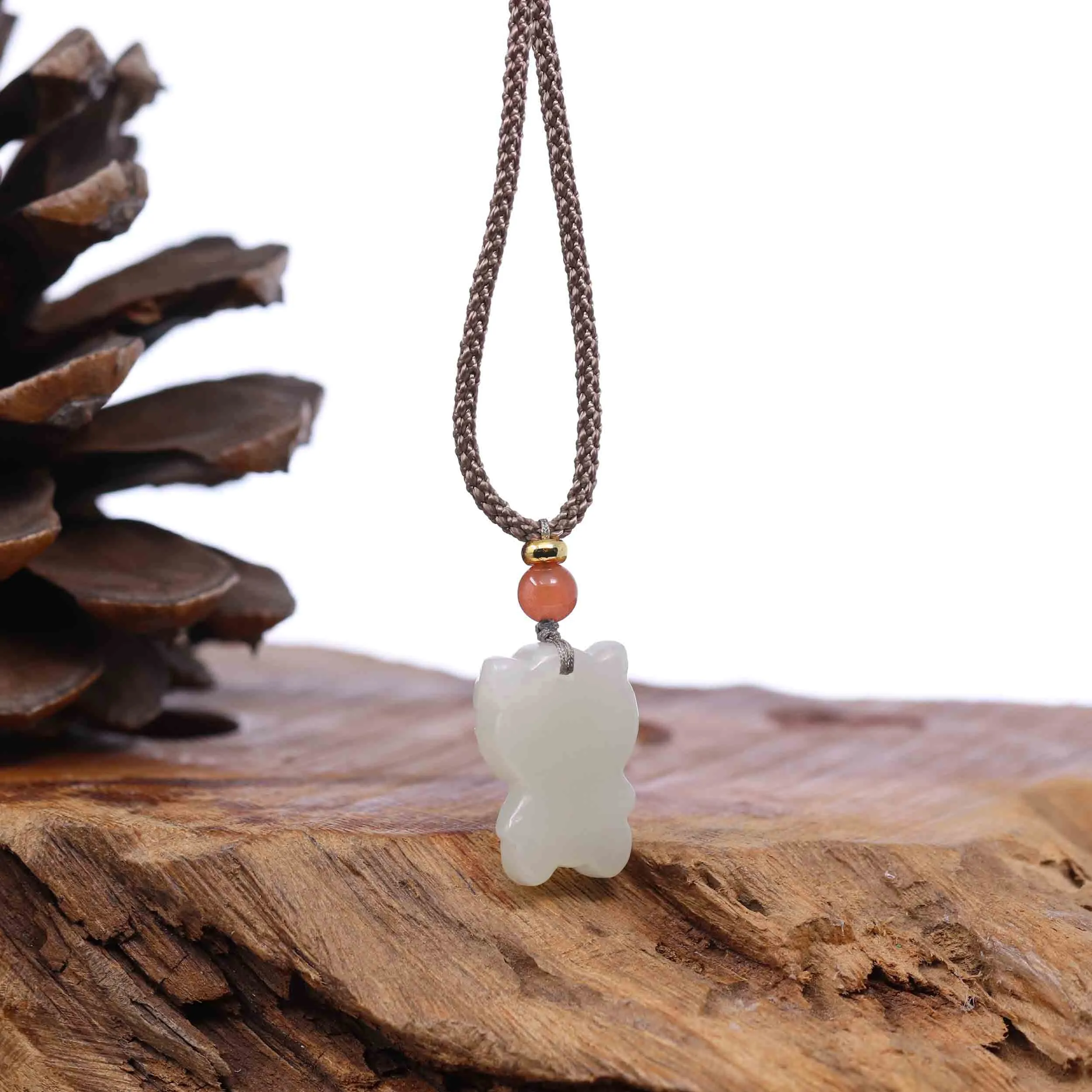 Baikalla "Lucky Kitten" White Nephrite Jade Pendant Necklace