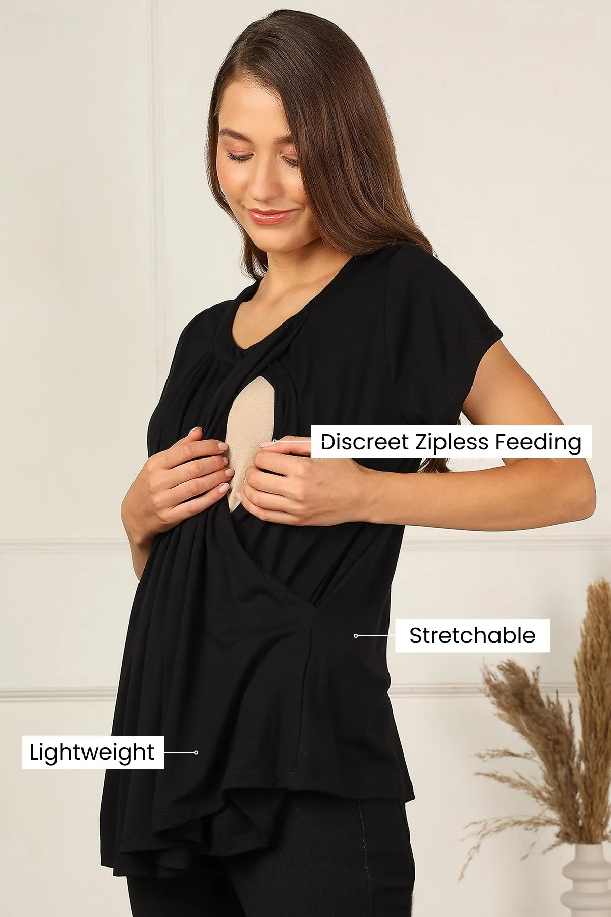 Black Pleated Zipless Nursing Top