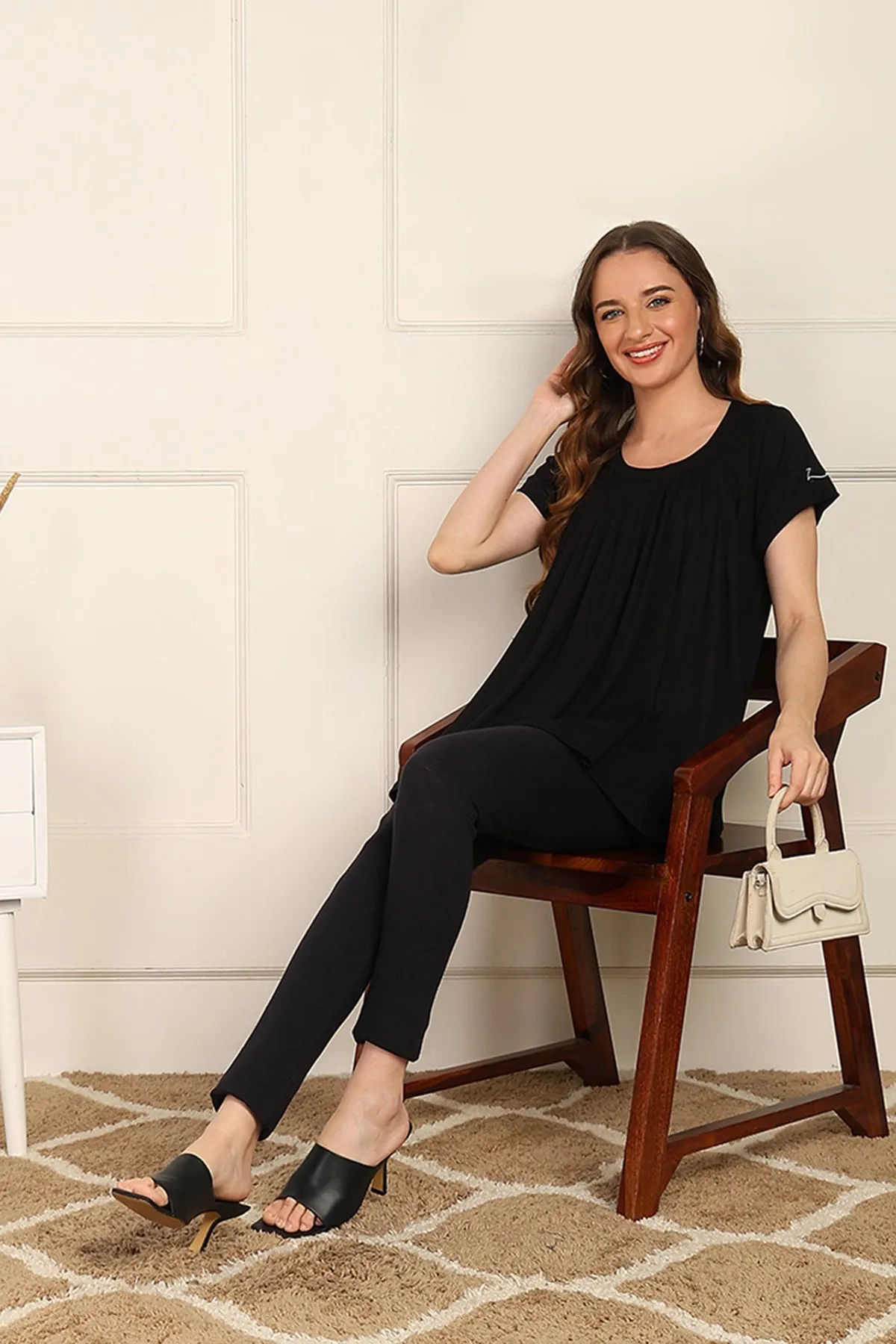 Black Pleated Zipless Nursing Top