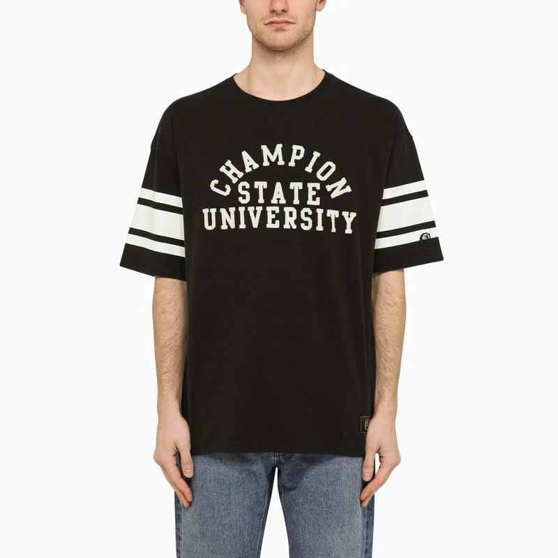 Black/White Cotton T-Shirt With Logo Embroidery