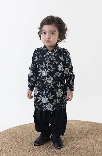 Boy Printed Cotton Pathani Kurta Set - Black