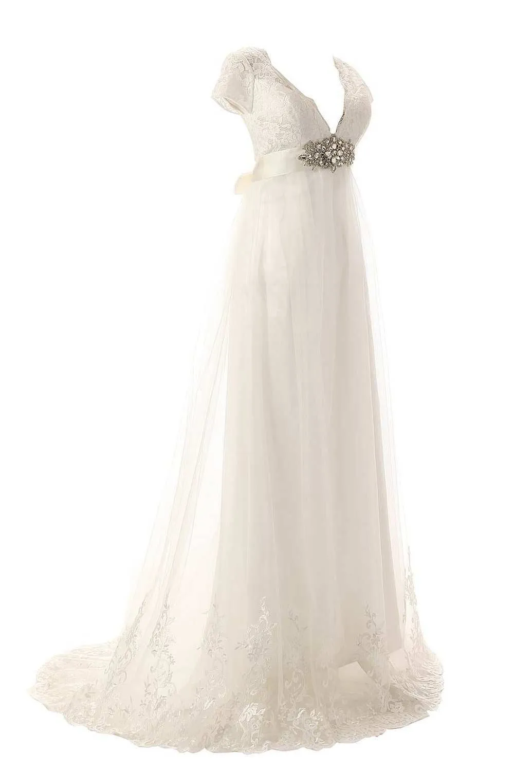 Cap Sleeve Low V Neck A-line Lace Gown With Beaded Belt-714854