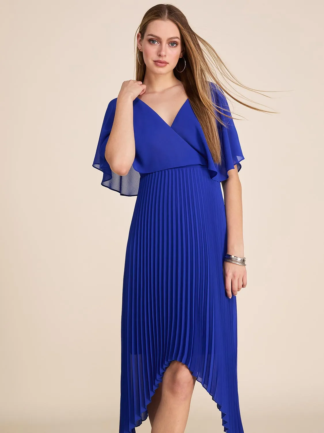 Cape Sleeve Pleated Chiffon Midi Dress