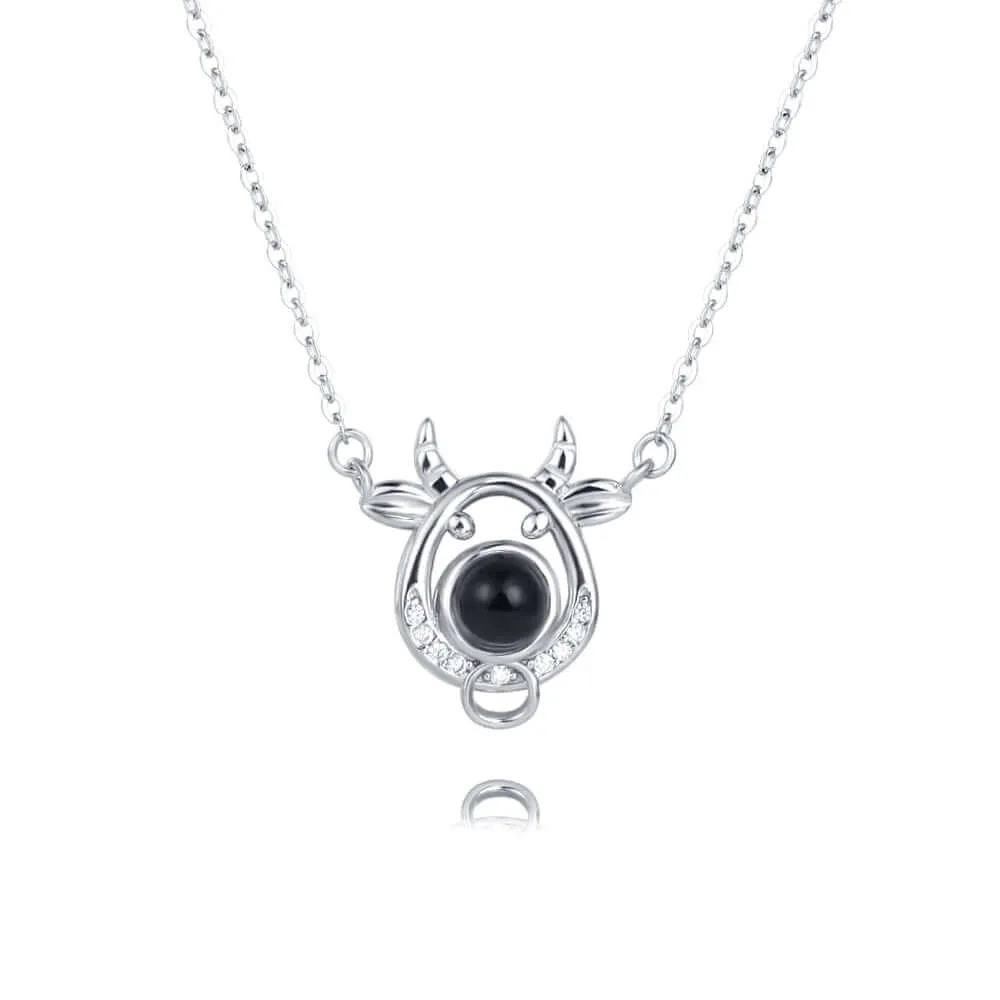 Chinese Zodiac Ox CZ Projection Necklace with Picture inside