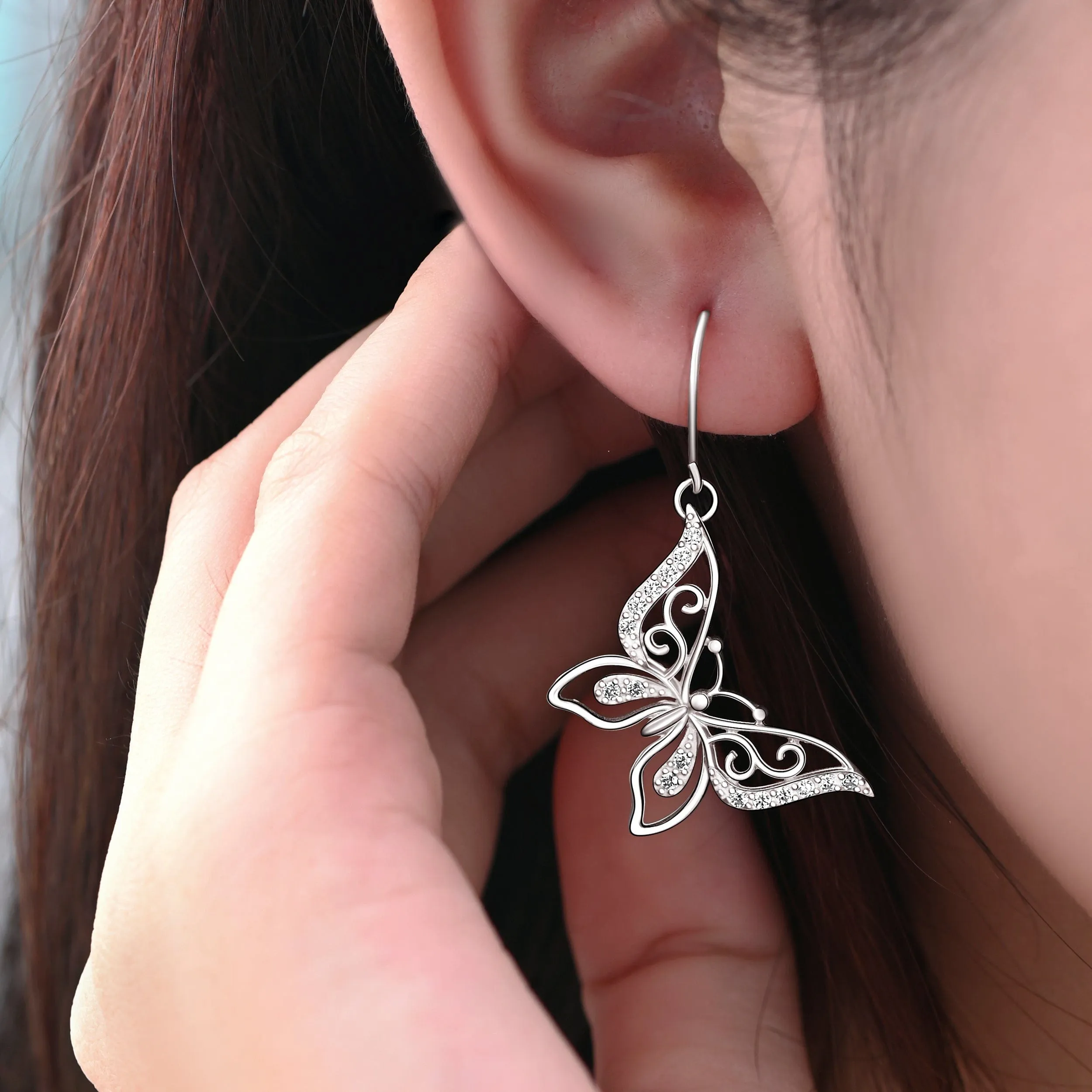 CZ Butterfly Earrings Silver Dangle Earrings