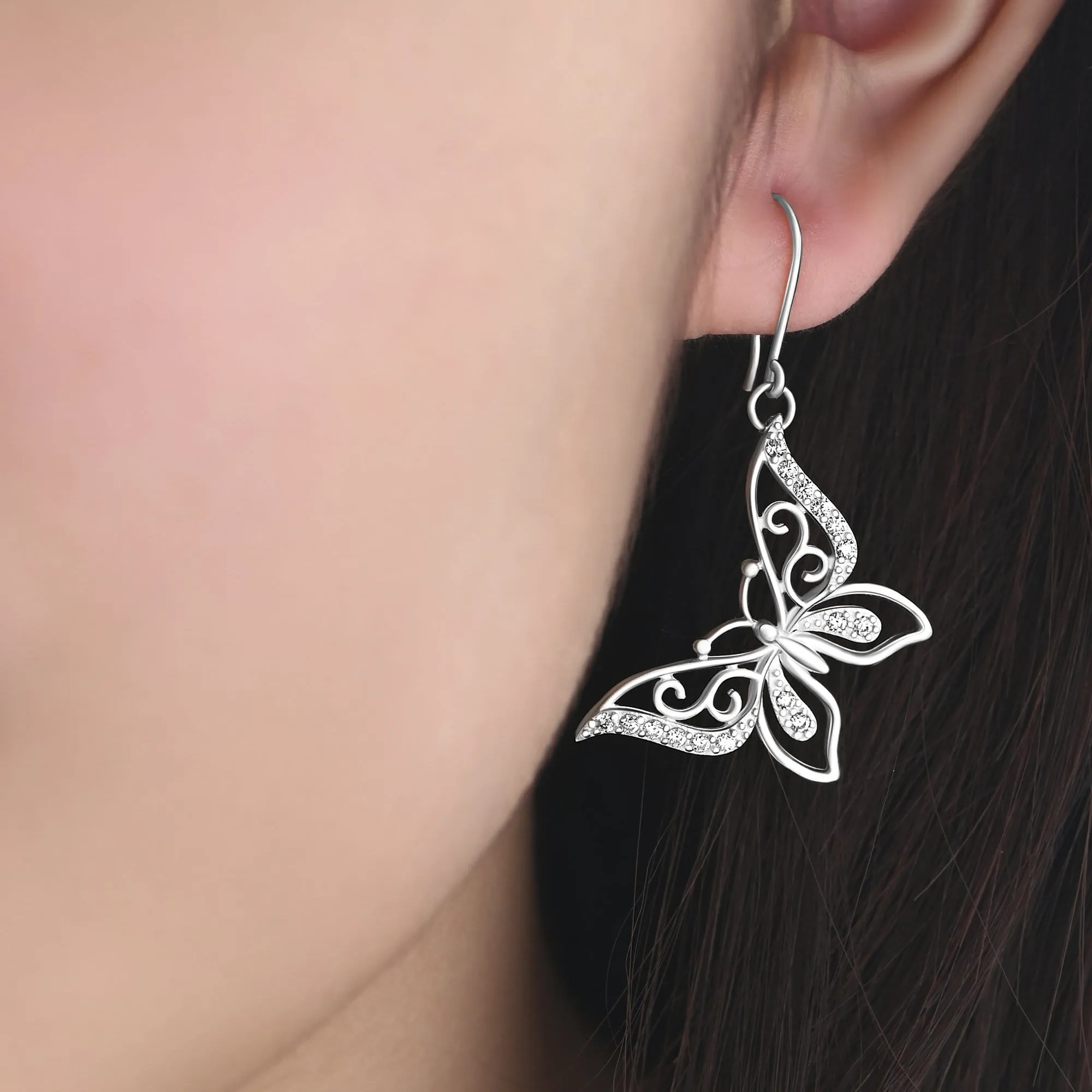 CZ Butterfly Earrings Silver Dangle Earrings