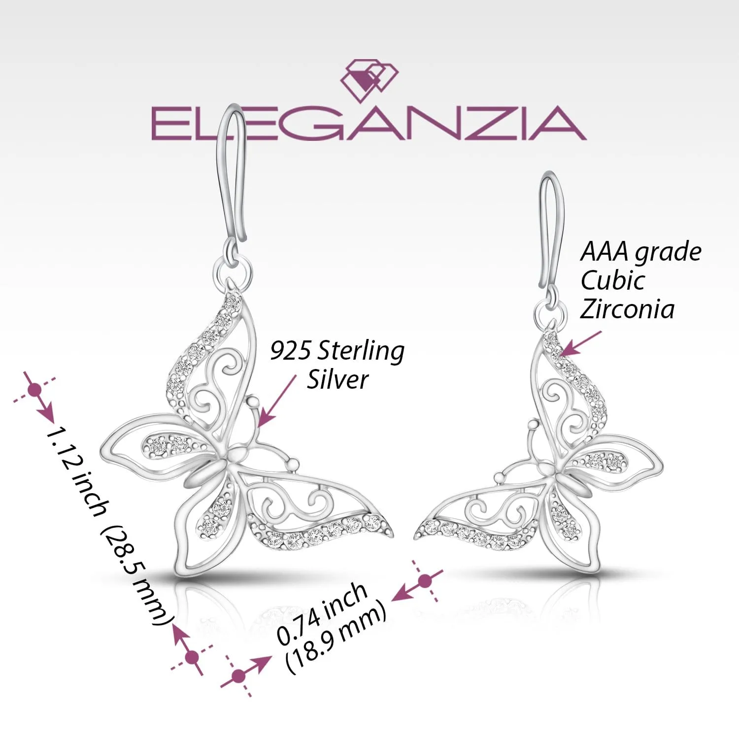 CZ Butterfly Earrings Silver Dangle Earrings