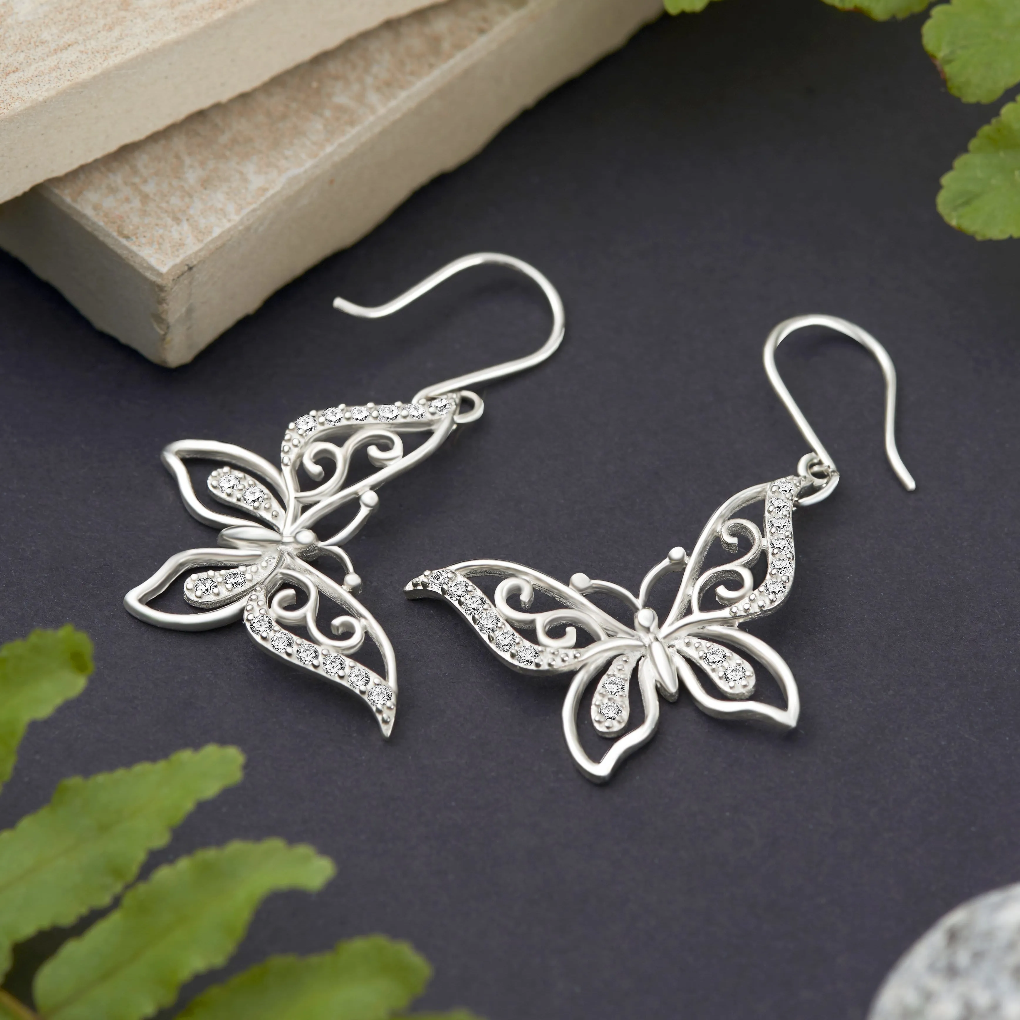 CZ Butterfly Earrings Silver Dangle Earrings