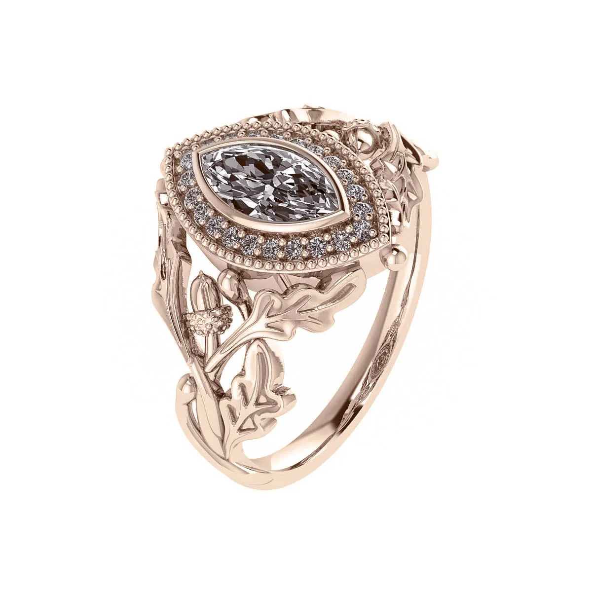 Dair | oak leaves engagement ring setting with halo, marquise cut 8x4 mm