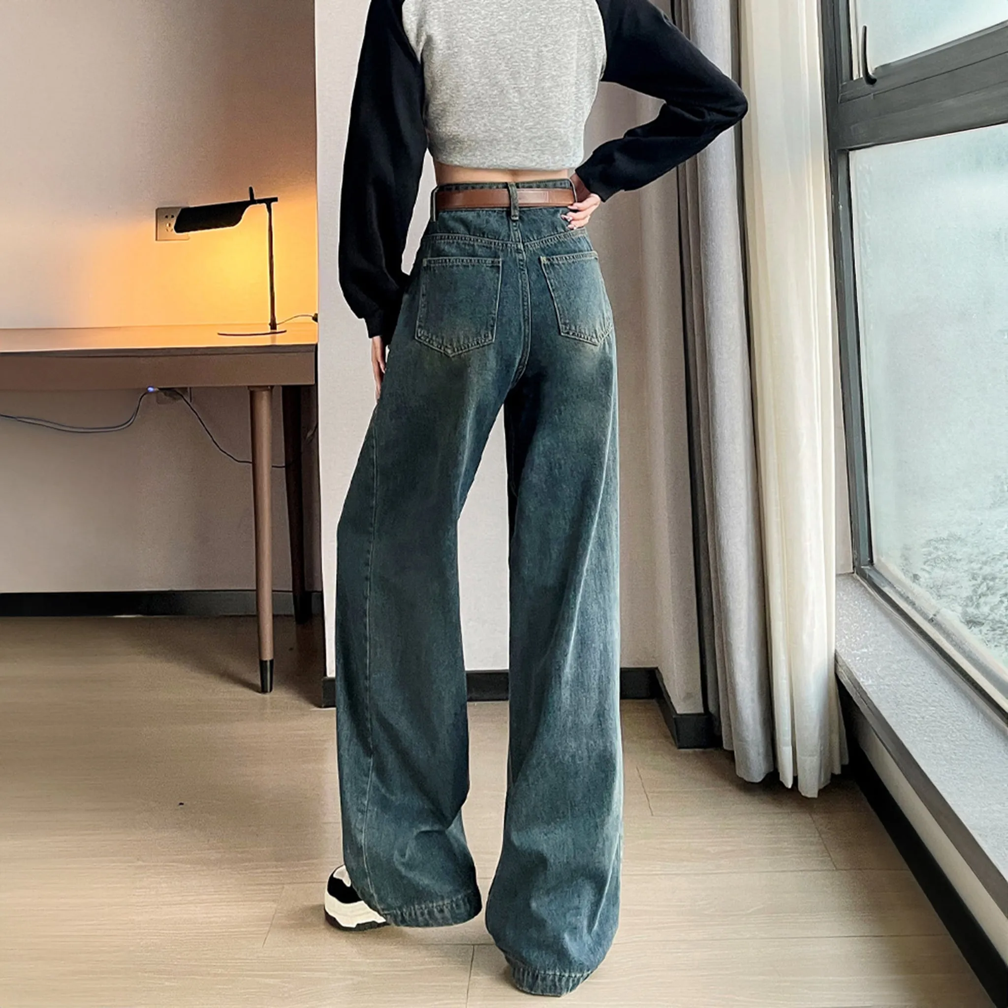 Dark Blue Cotton Korean baggy pants for women