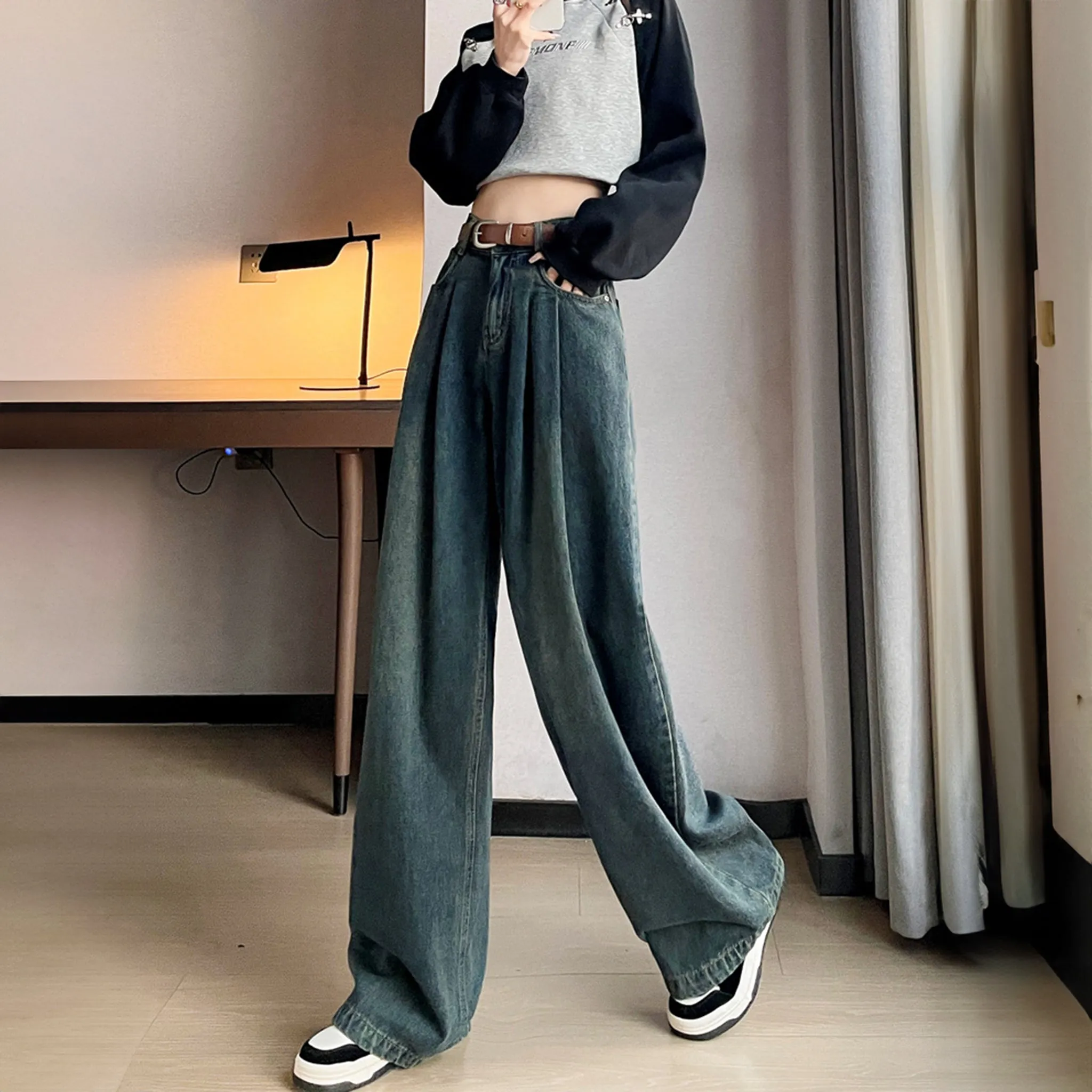 Dark Blue Cotton Korean baggy pants for women