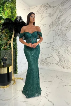 Dark Green Sweetheart Off-The-Shoulder Prom Dress With Appliques Sequins