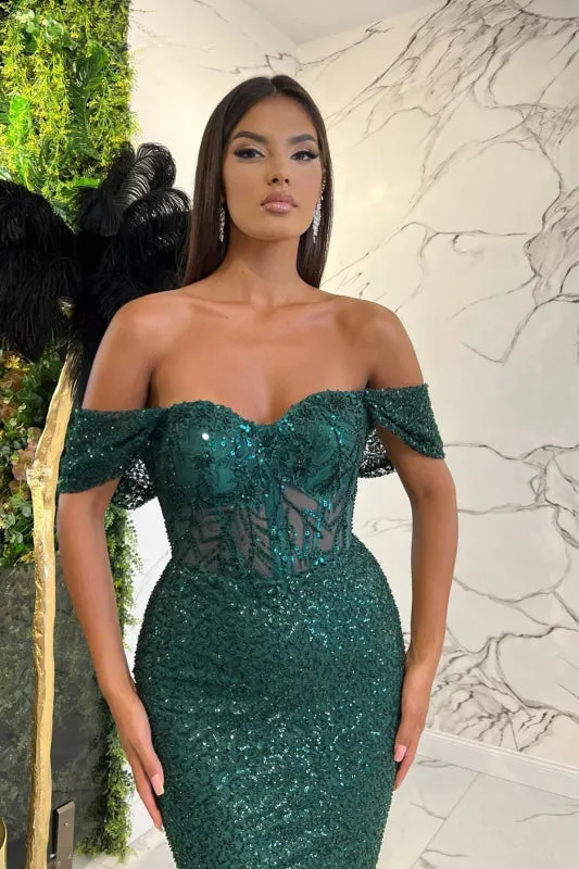 Dark Green Sweetheart Off-The-Shoulder Prom Dress With Appliques Sequins