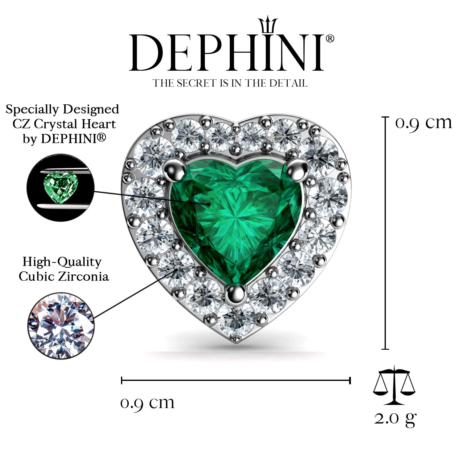 DEPHINI Green Heart Earrings  925 Sterling Silver Stud Earrings CZ