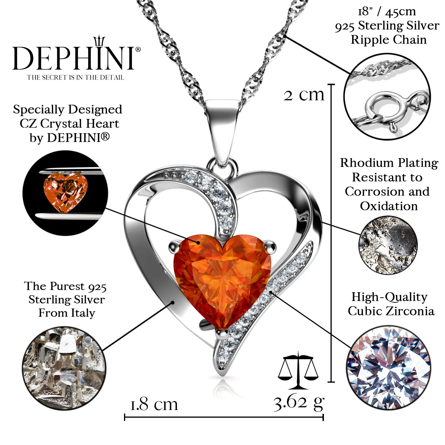 DEPHINI Orange Necklace - 925 Sterling Silver Heart Pendant CZ Crystal