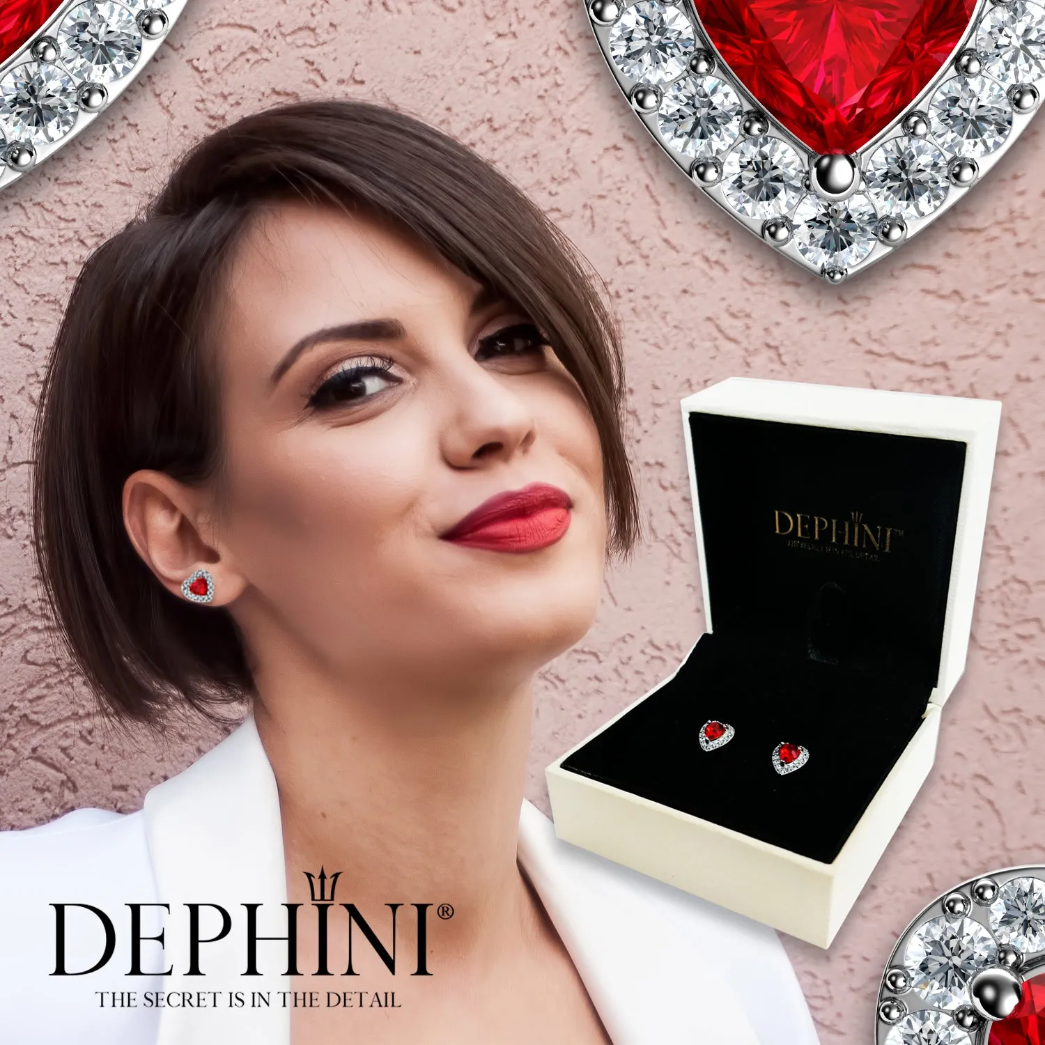 DEPHINI Red Heart Earrings - 925 Sterling Silver Heart Stud CZ Crystal