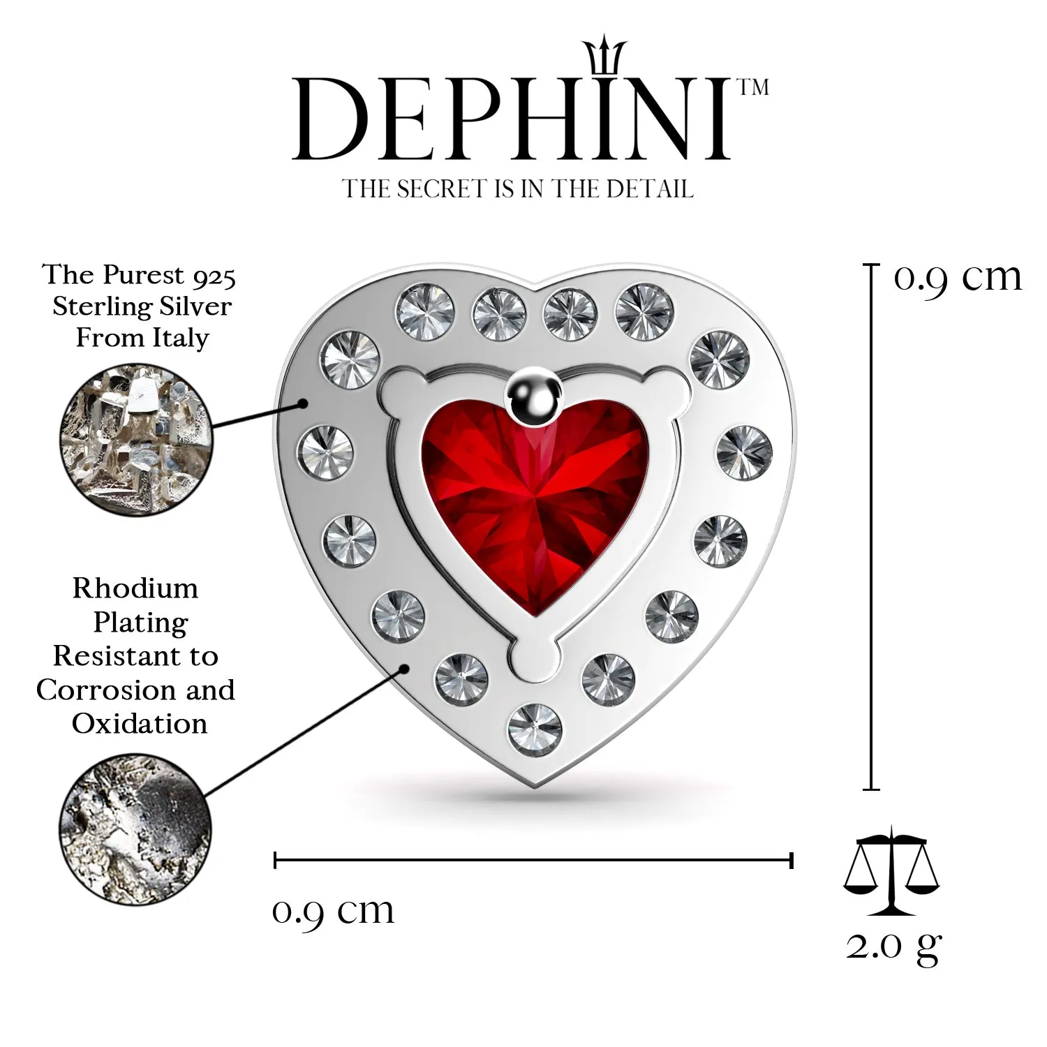 DEPHINI Red Heart Earrings - 925 Sterling Silver Heart Stud CZ Crystal