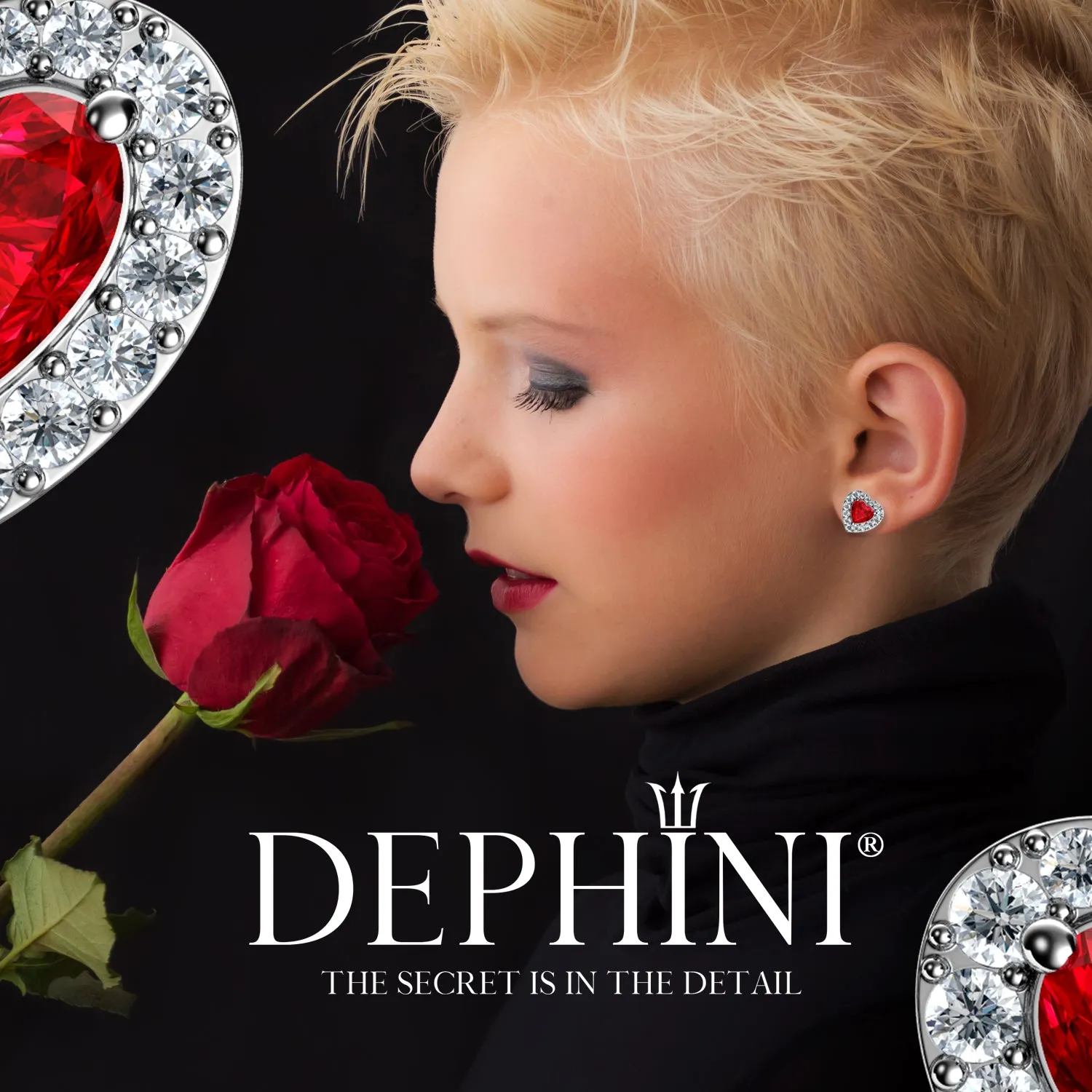 DEPHINI Red Heart Earrings - 925 Sterling Silver Heart Stud CZ Crystal