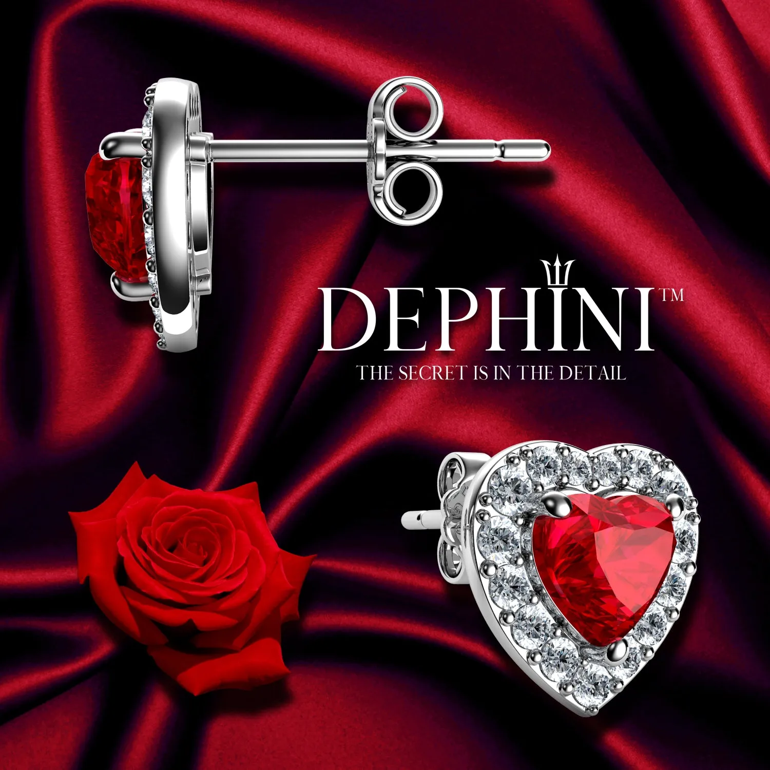 DEPHINI Red Heart Earrings - 925 Sterling Silver Heart Stud CZ Crystal