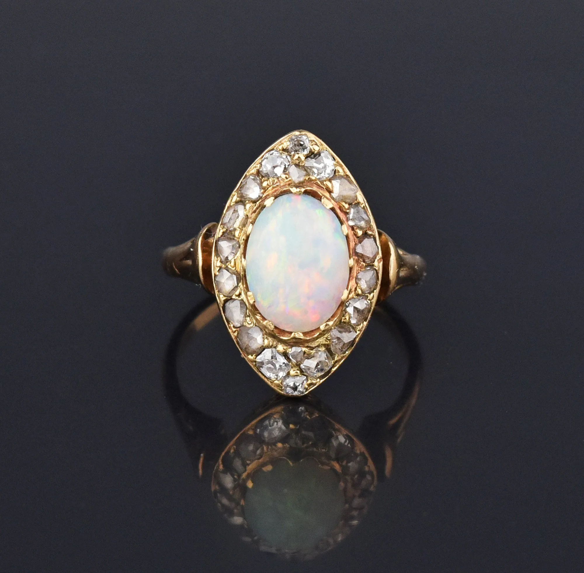 Edwardian Opal Navette Mine Cut Diamond Cluster Ring