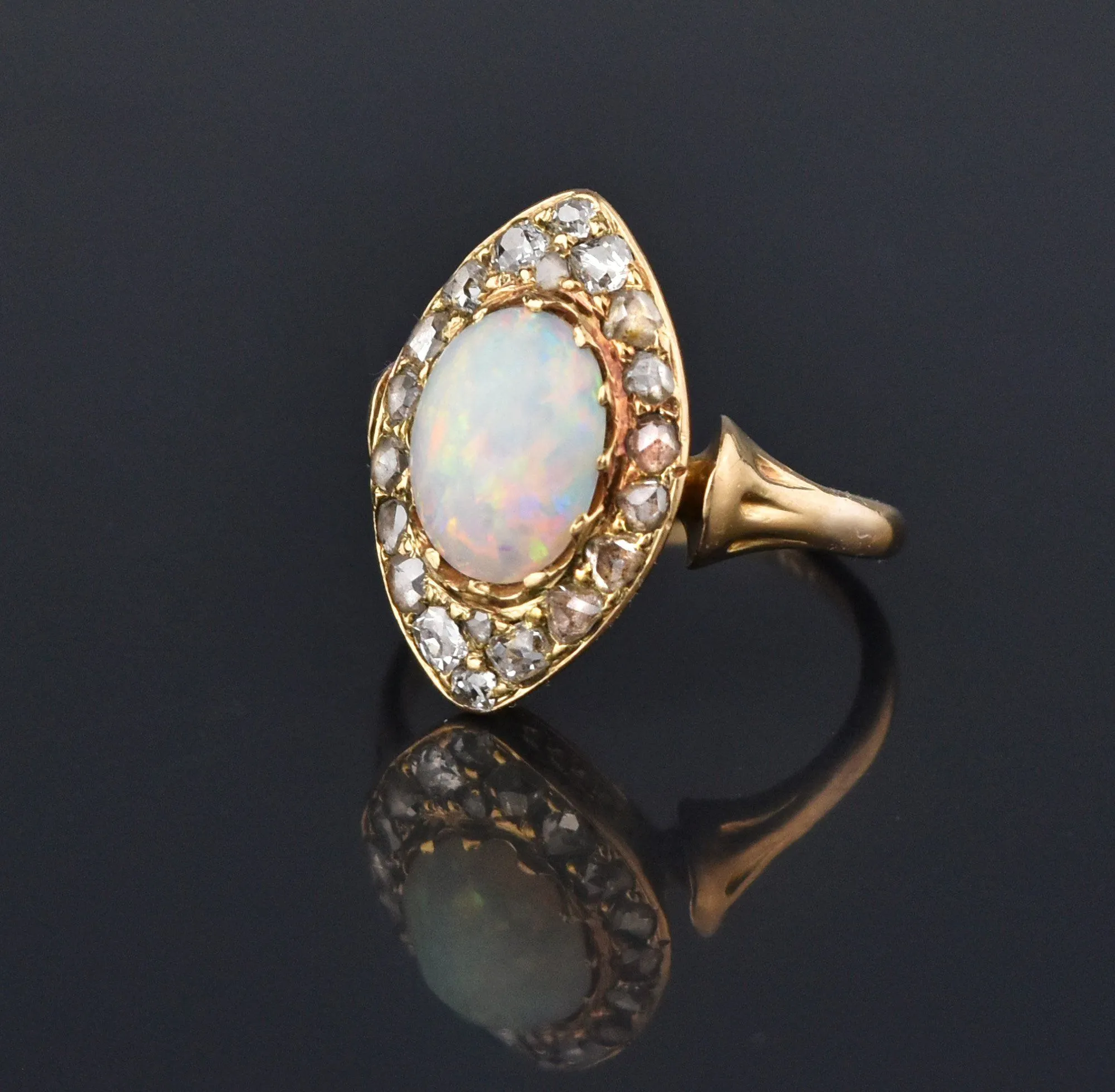 Edwardian Opal Navette Mine Cut Diamond Cluster Ring