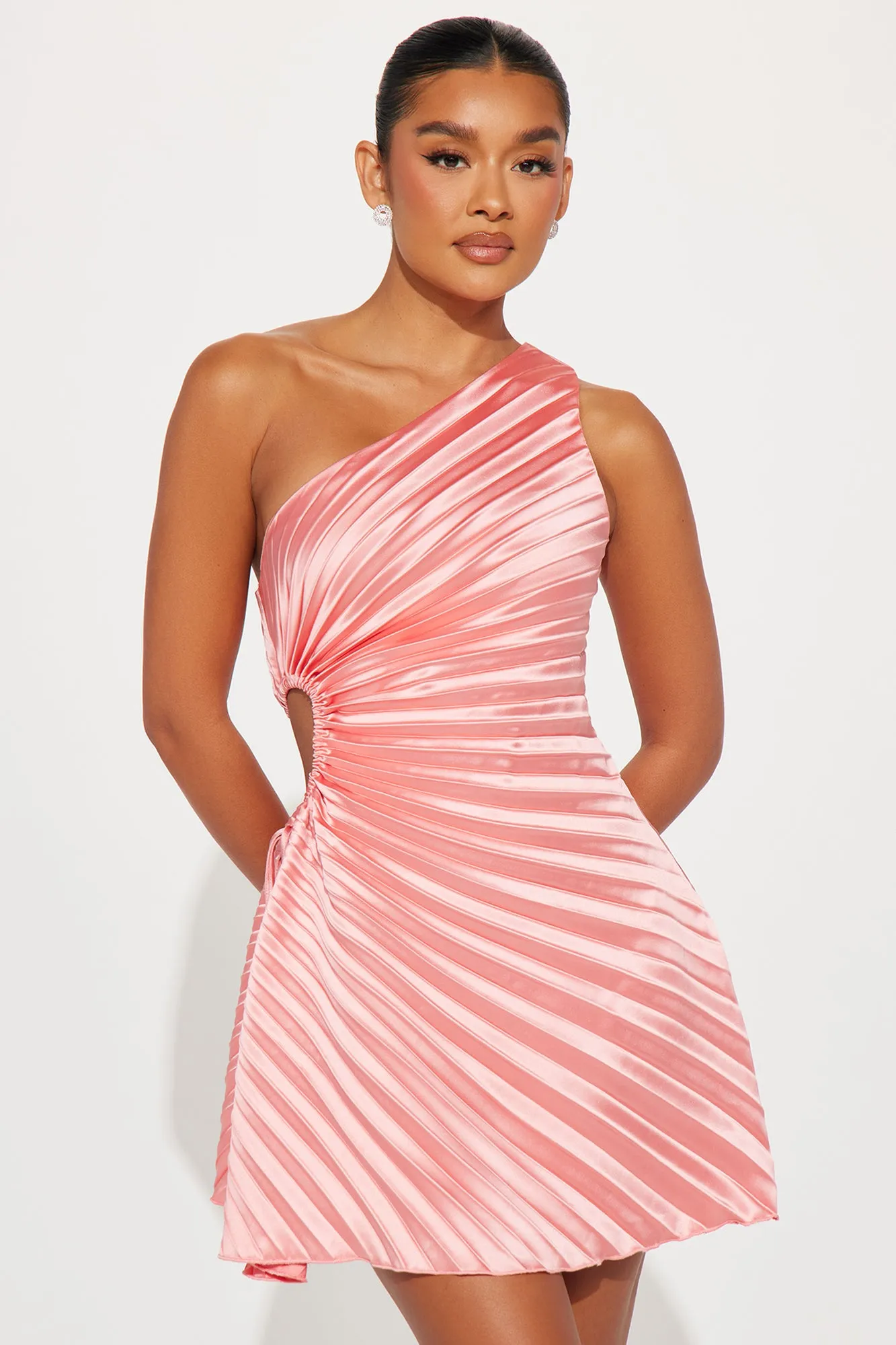 Elettra Pleated Satin Micro Mini Dress - Coral