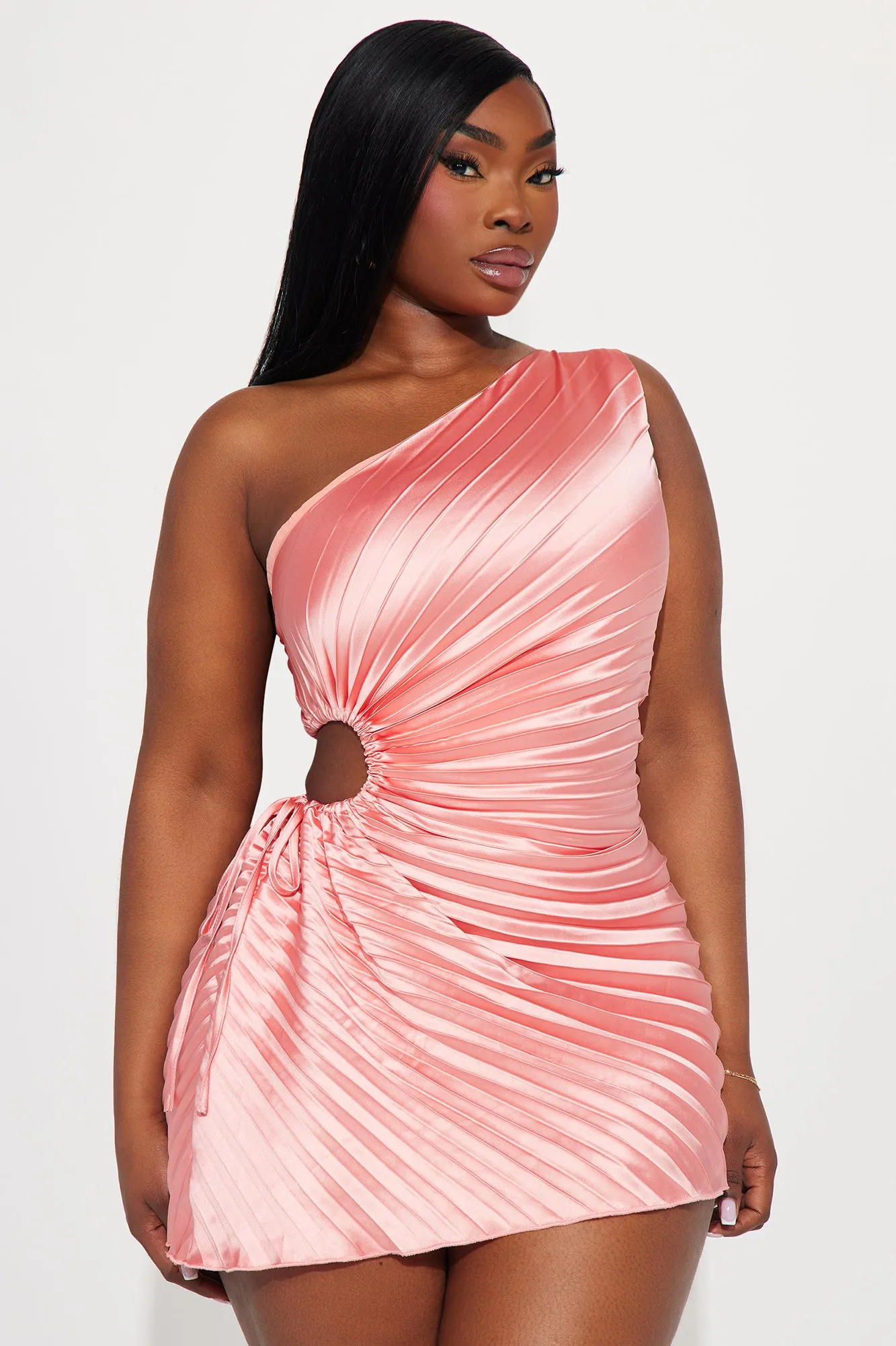 Elettra Pleated Satin Micro Mini Dress - Coral