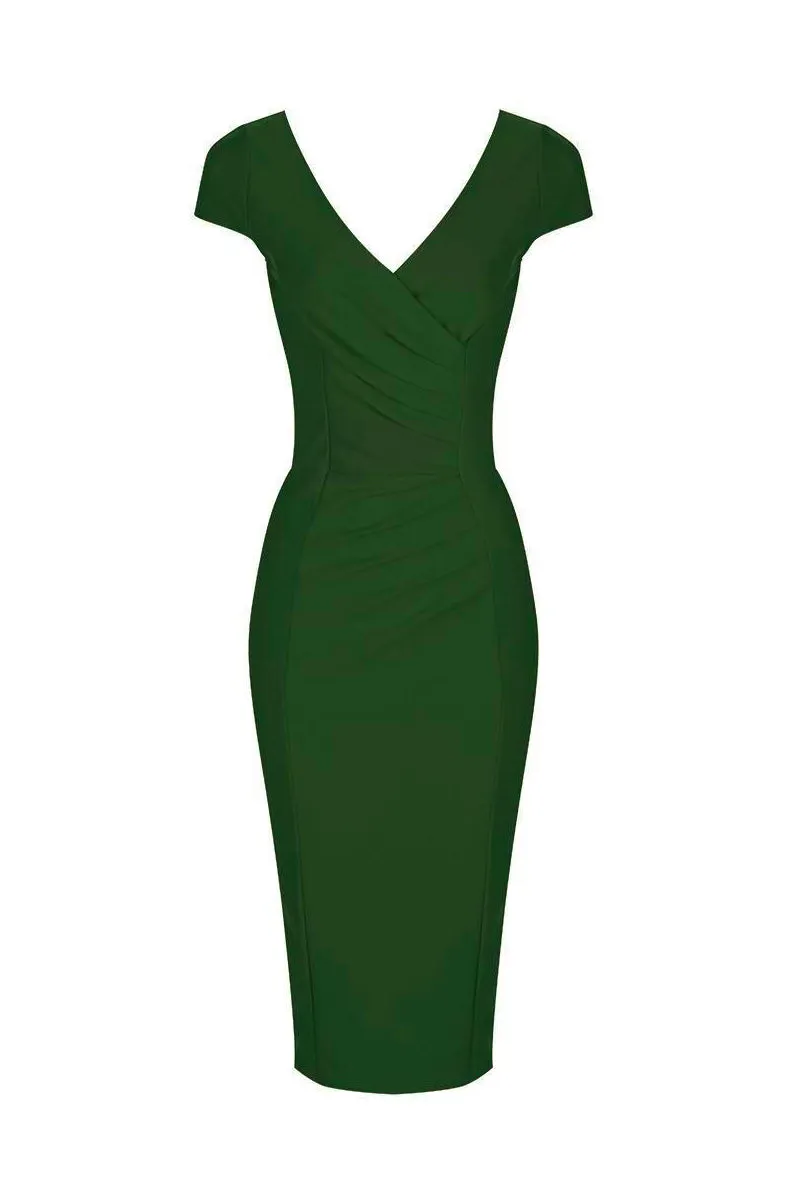 Emerald Green Cap Sleeve Crossover Top Bodycon Wiggle Pencil Dress