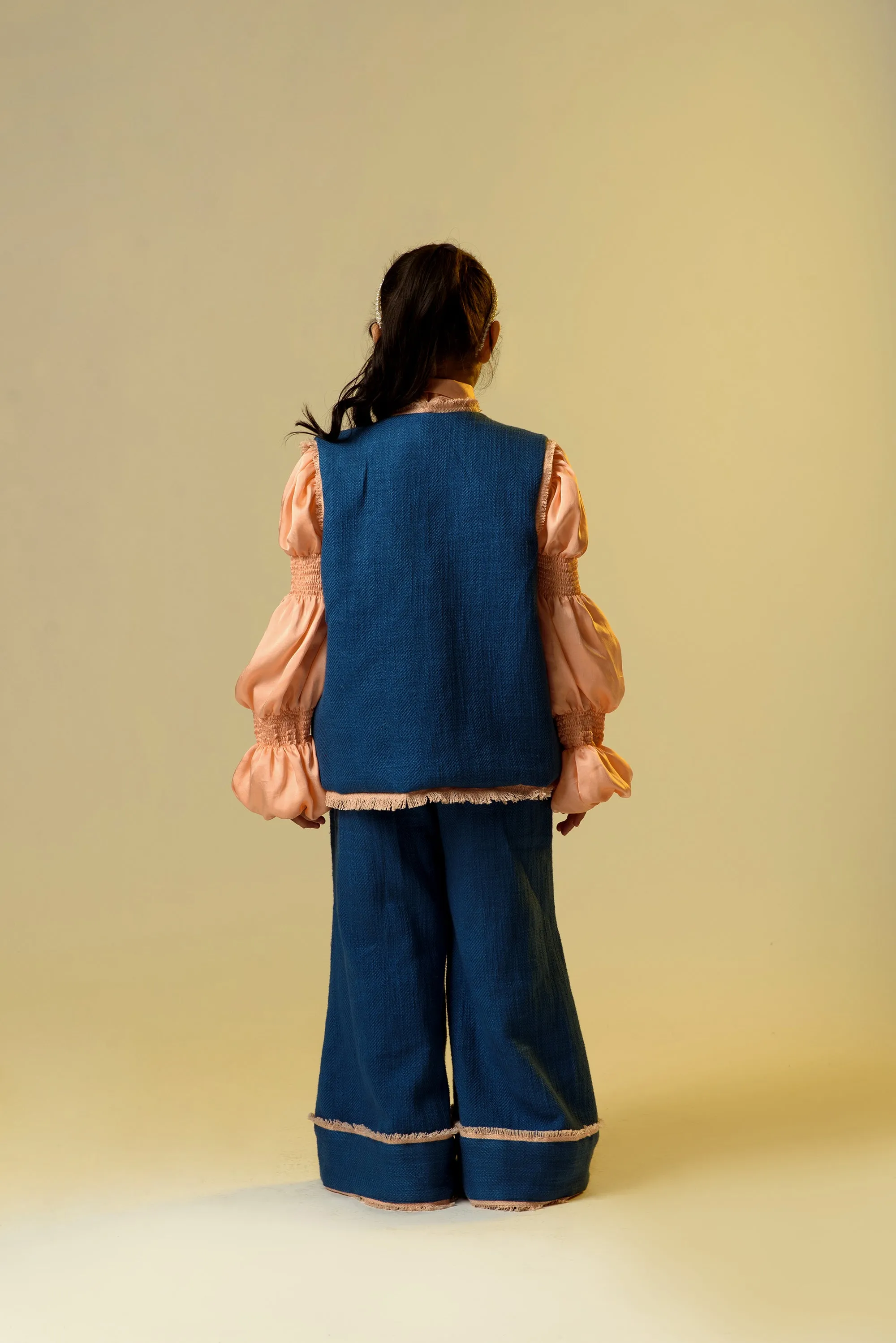 Evening Ebb- Cotton Slub Flared Trousers & Jacket With German Satin Shirt For Girls